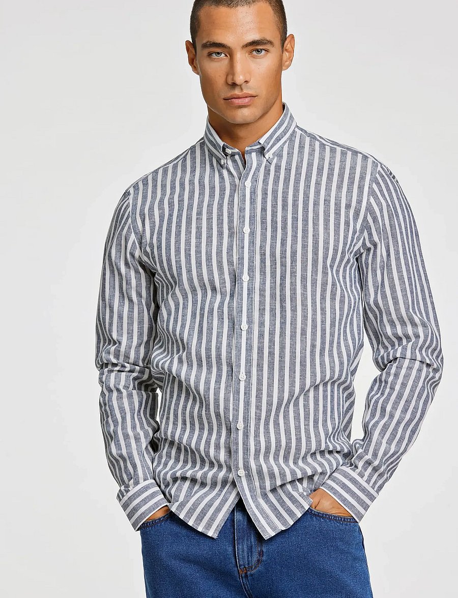 Lindbergh - Wide striped cotton/linen shirt L/S - stribede skjorter - dk blue - 3