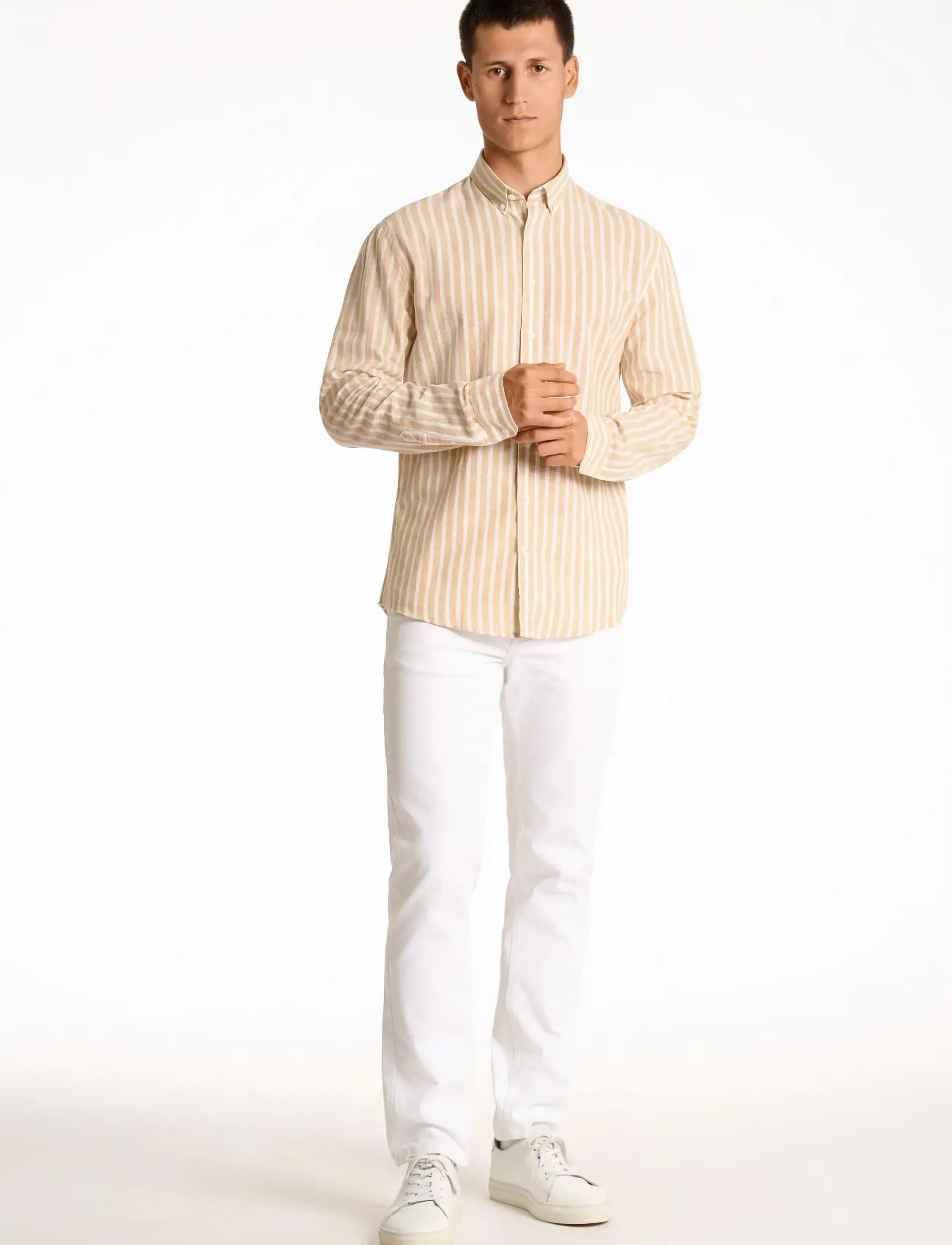 Lindbergh Wide striped cotton/linen shirt L/S - Oxford-Hemden - MID SAND / beige
