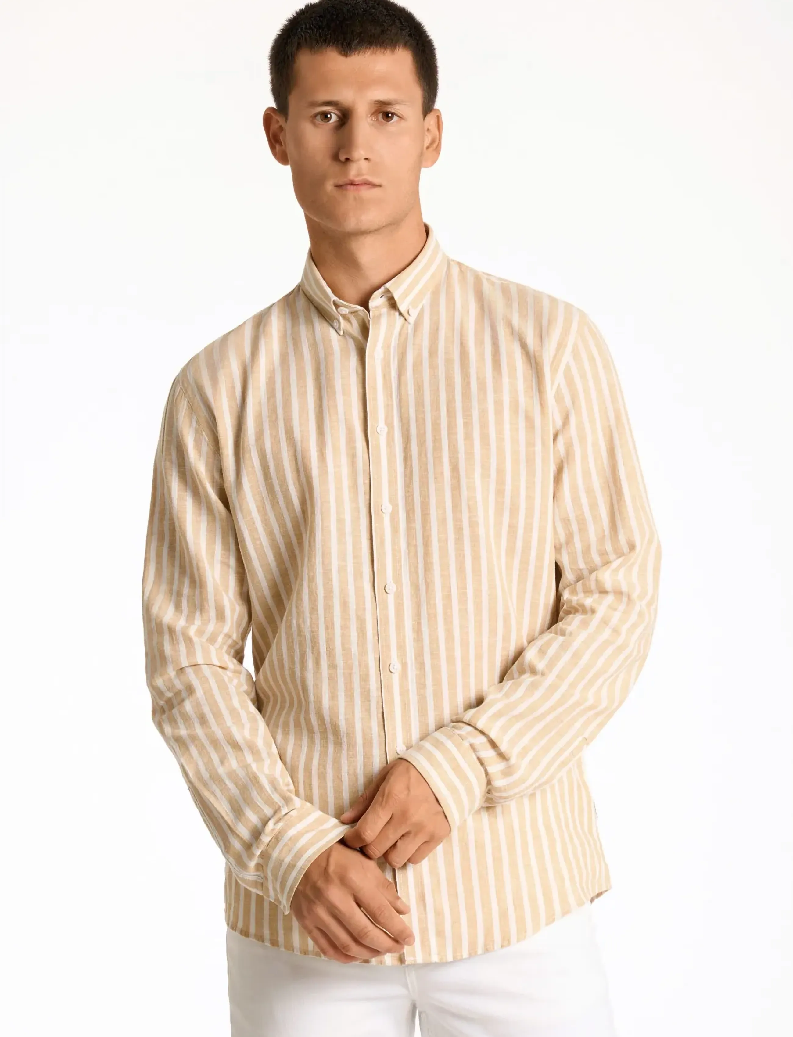 Lindbergh - Wide striped cotton/linen shirt L/S - stribede skjorter - mid sand - 3