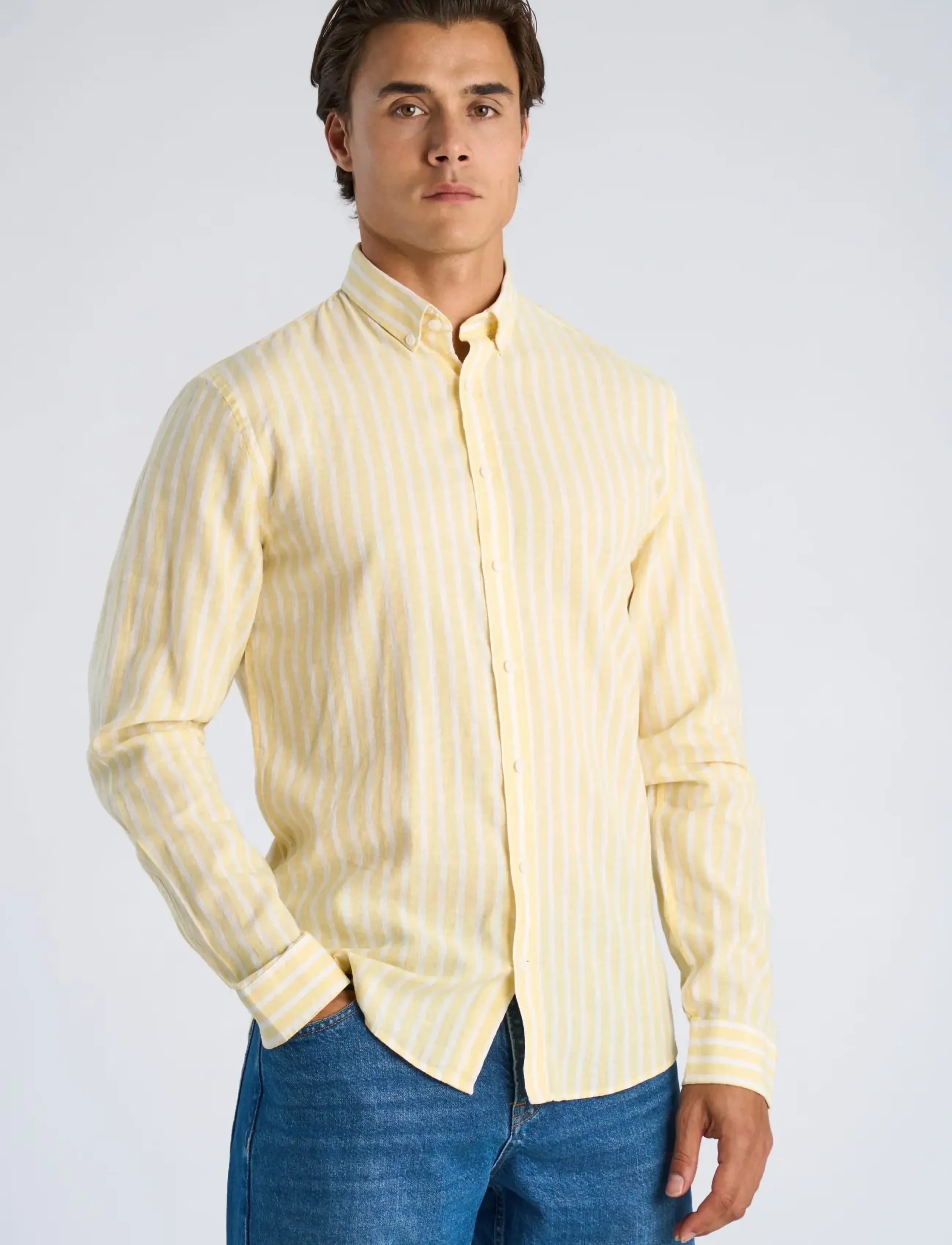 Lindbergh - Wide striped cotton/linen shirt L/S - gestreifte hemden - yellow - 3