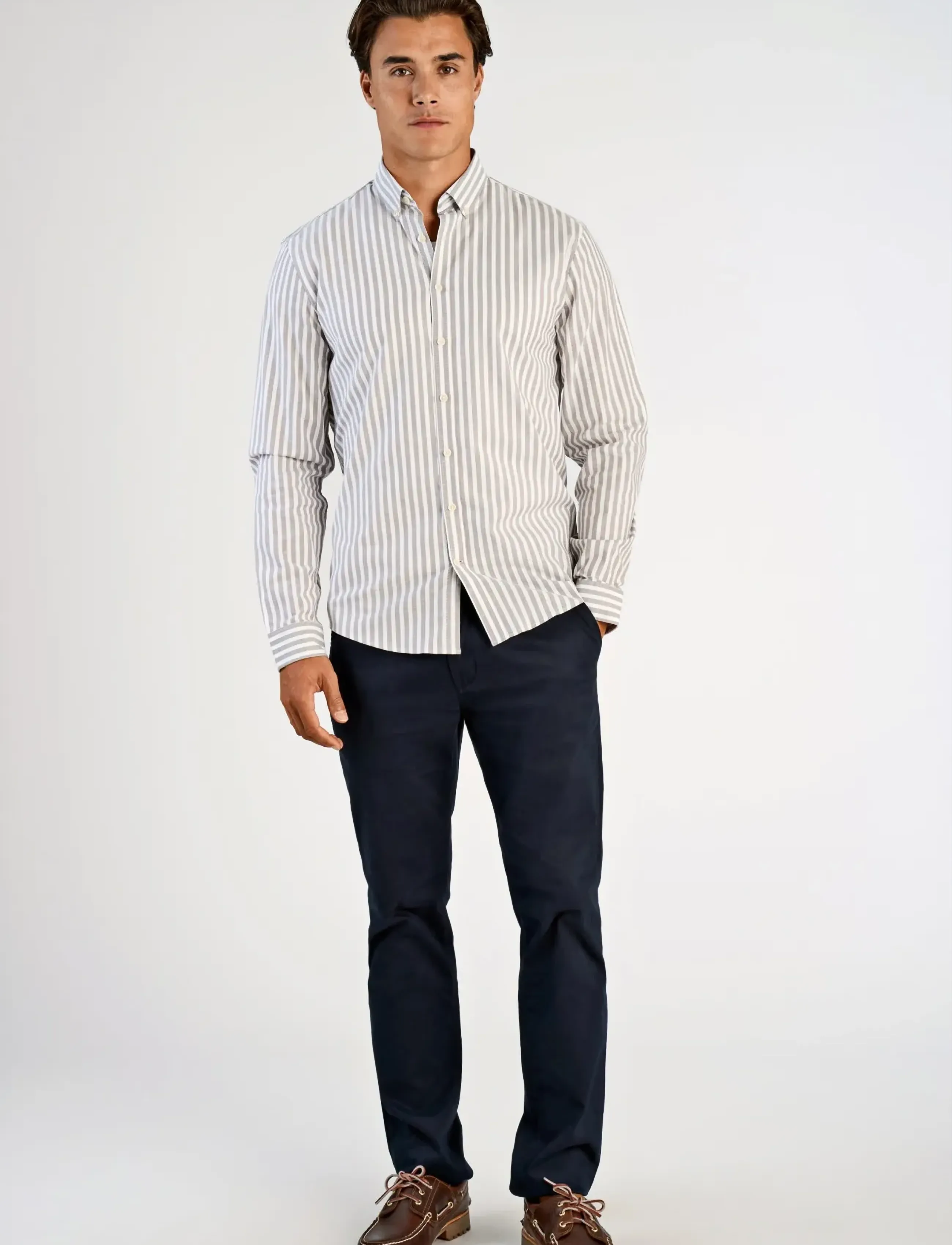 Lindbergh Striped superflex oxford L/S - Looks for less - DK STONE / grey