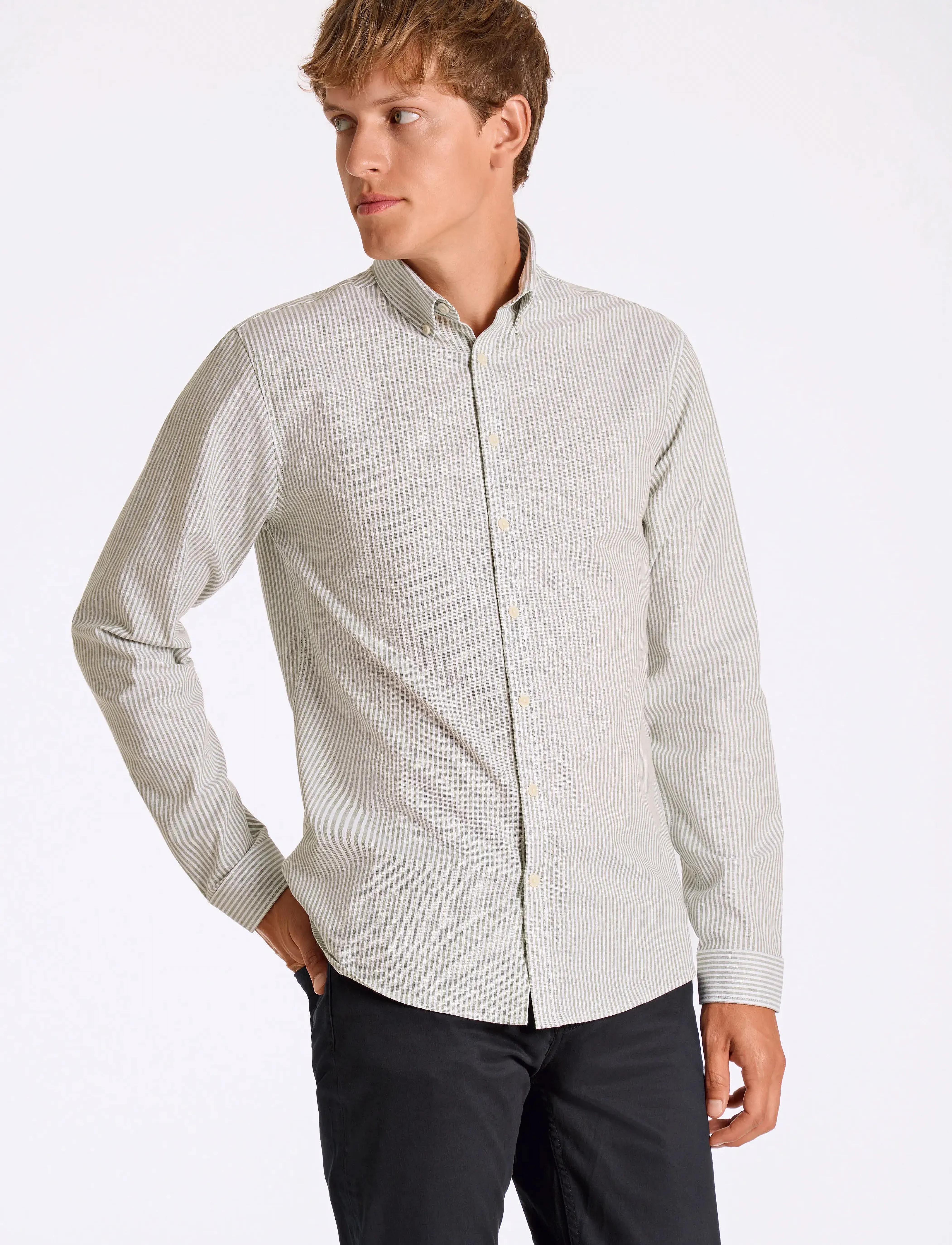 Lindbergh Striped superflex oxford L/S - Hemden - LT ARMY / khaki/green