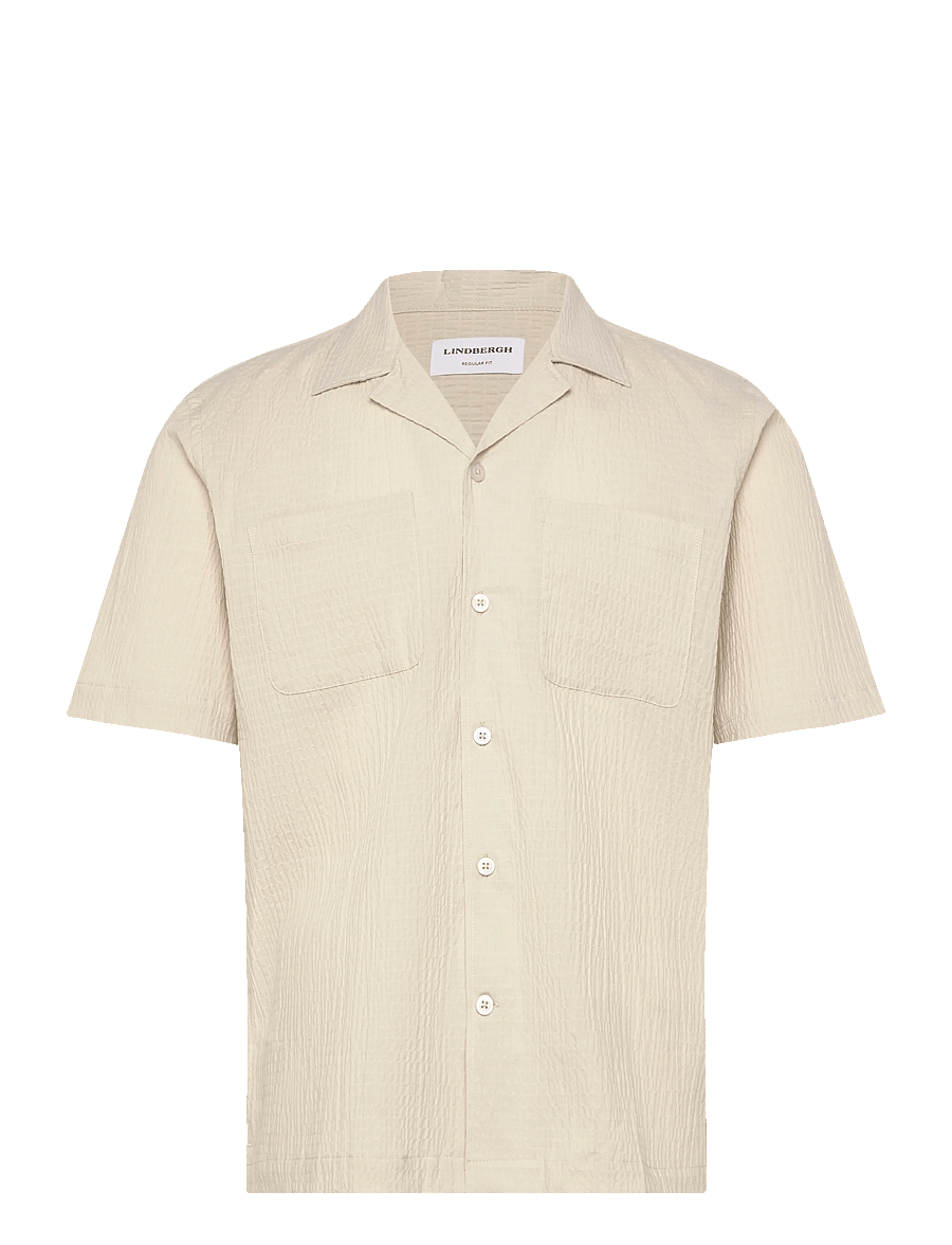 Lindbergh - Seersucker shirt S/S - short-sleeved shirts - lt stone - 1