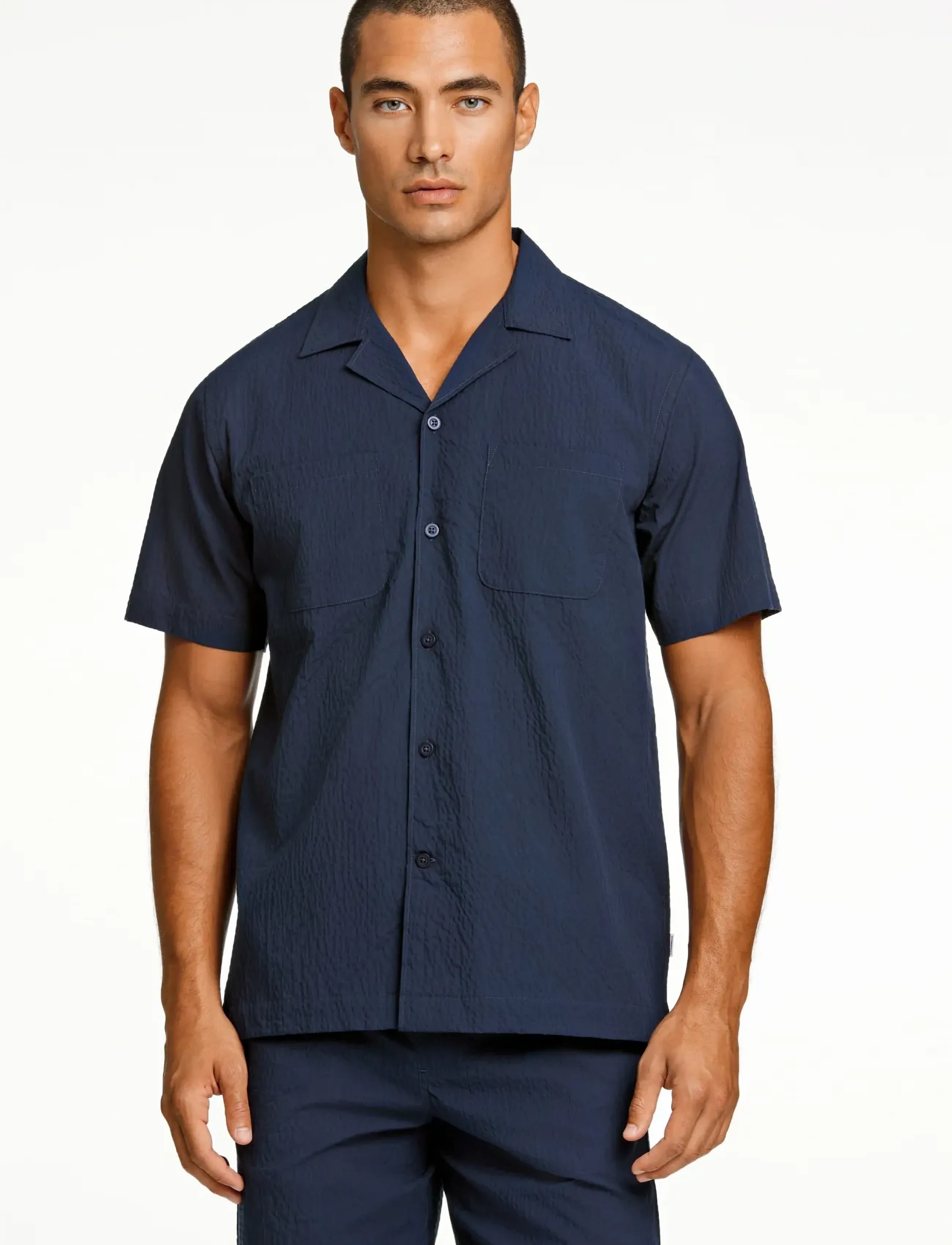 Lindbergh - Seersucker shirt S/S - stutterma skyrtur - navy - 3