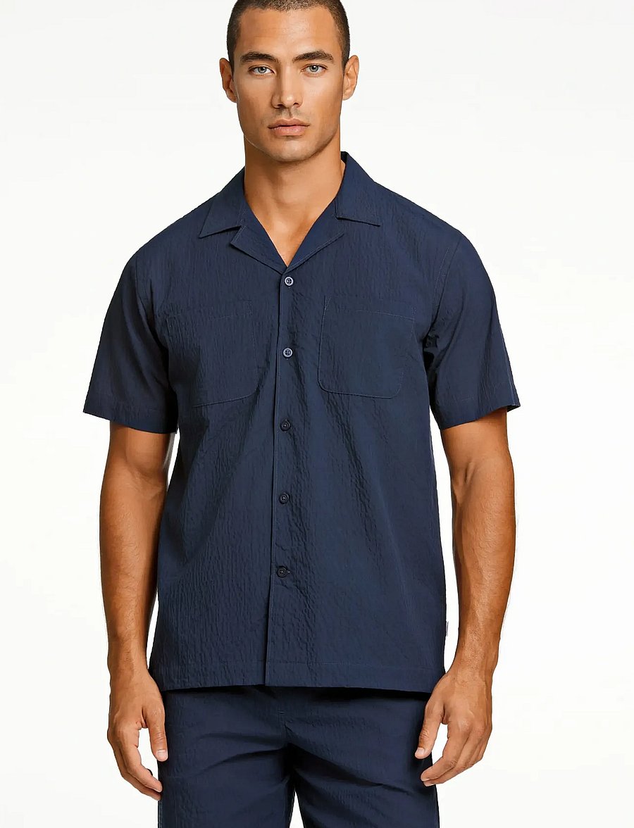 Lindbergh - Seersucker shirt S/S - kortærmede skjorter - navy - 3
