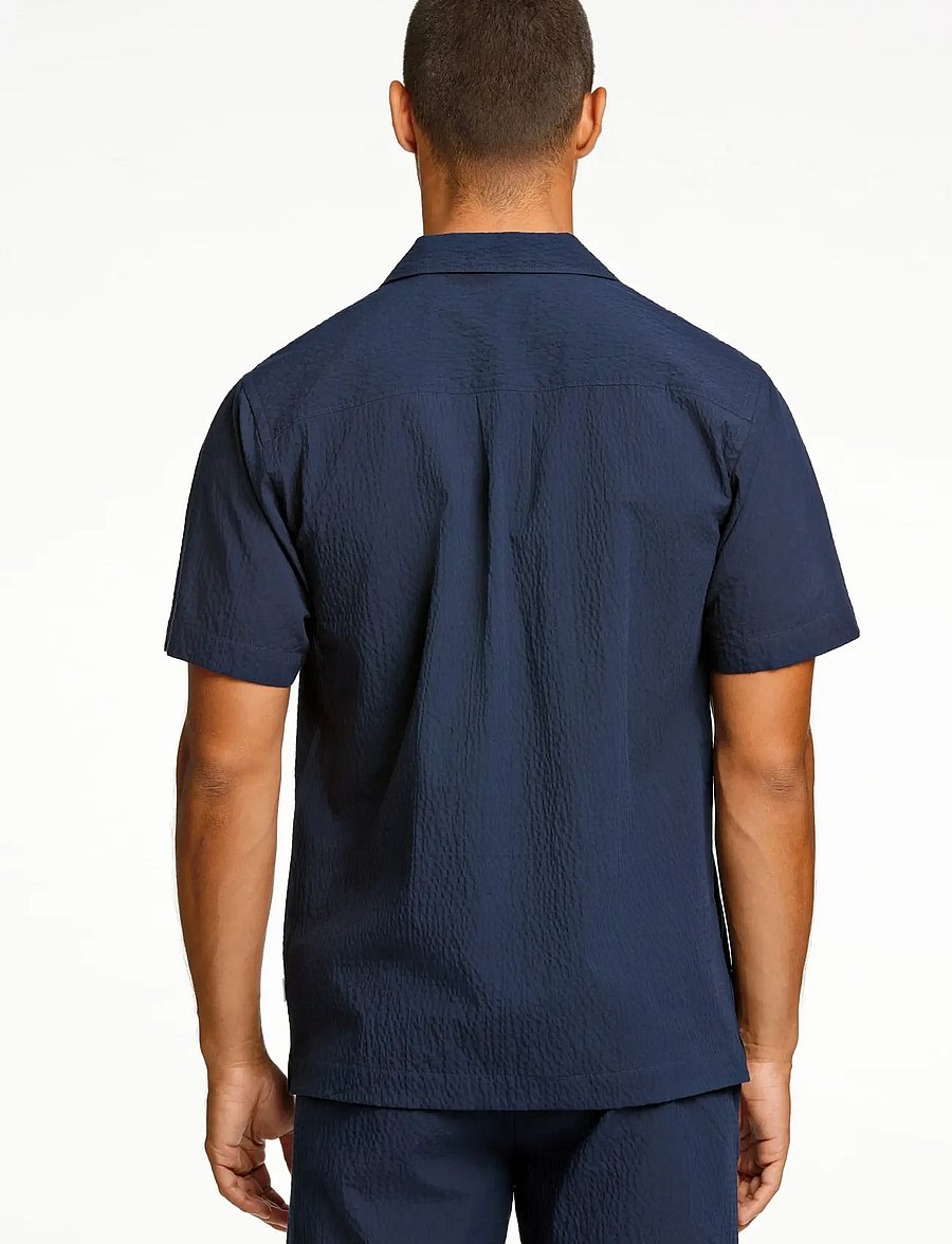 Lindbergh - Seersucker shirt S/S - kortærmede skjorter - navy - 4