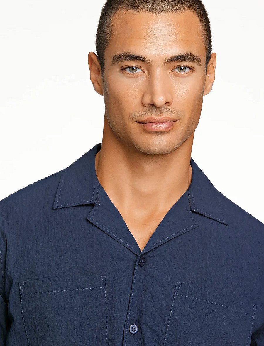 Lindbergh - Seersucker shirt S/S - kortærmede skjorter - navy - 5