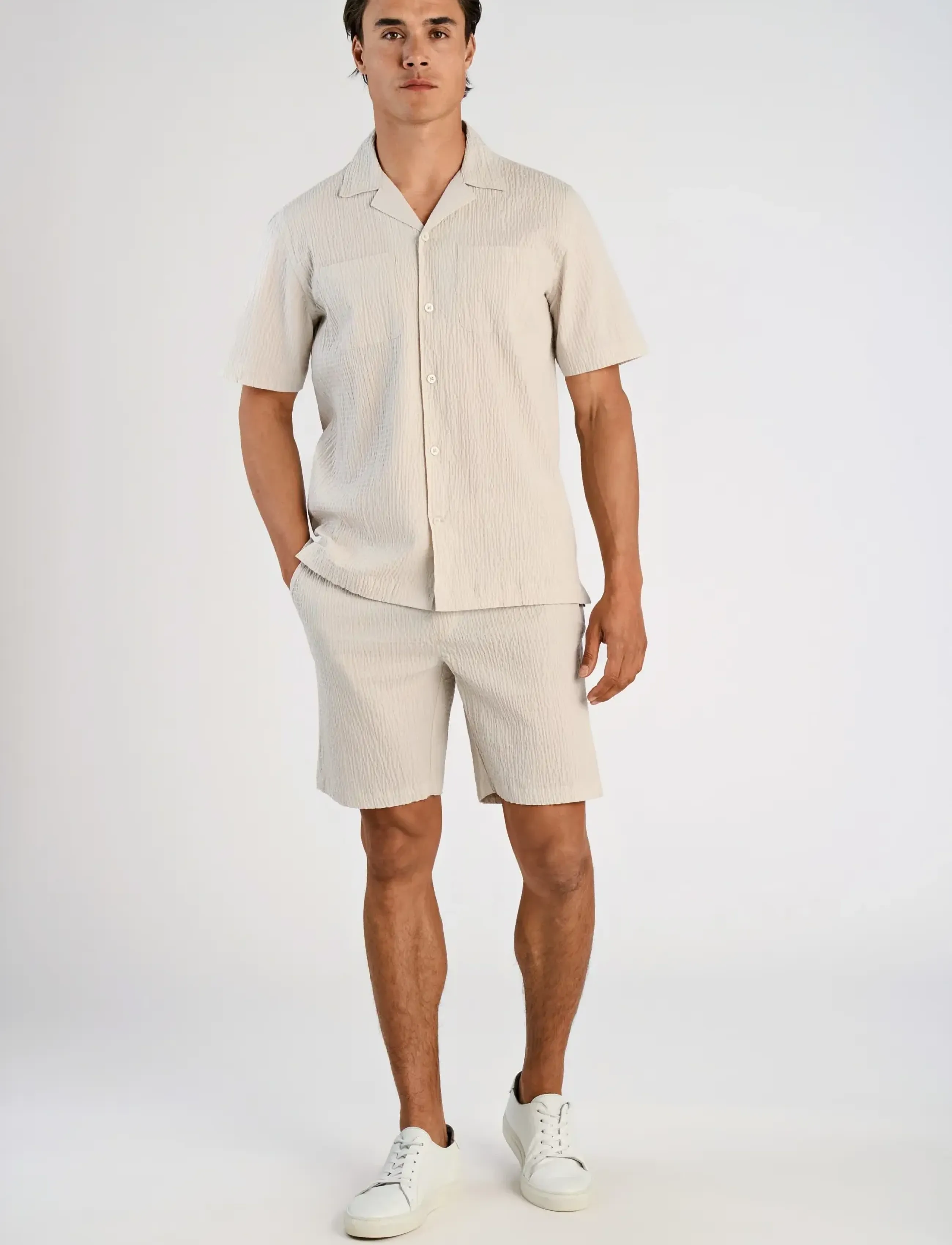 Lindbergh Seersucker Shirt S/S+Shorts, XL, Shirts, Creme - Short-sleeved Männerswear