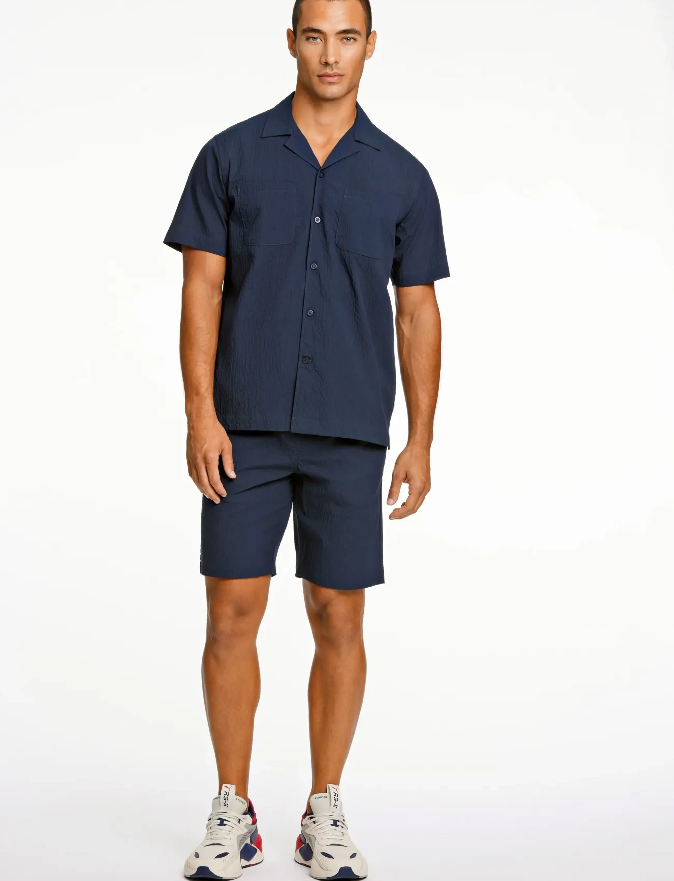 Lindbergh Seersucker Shirt S/S+Shorts, XXL, Shirts, Marineblau - Short-sleeved Männerswear