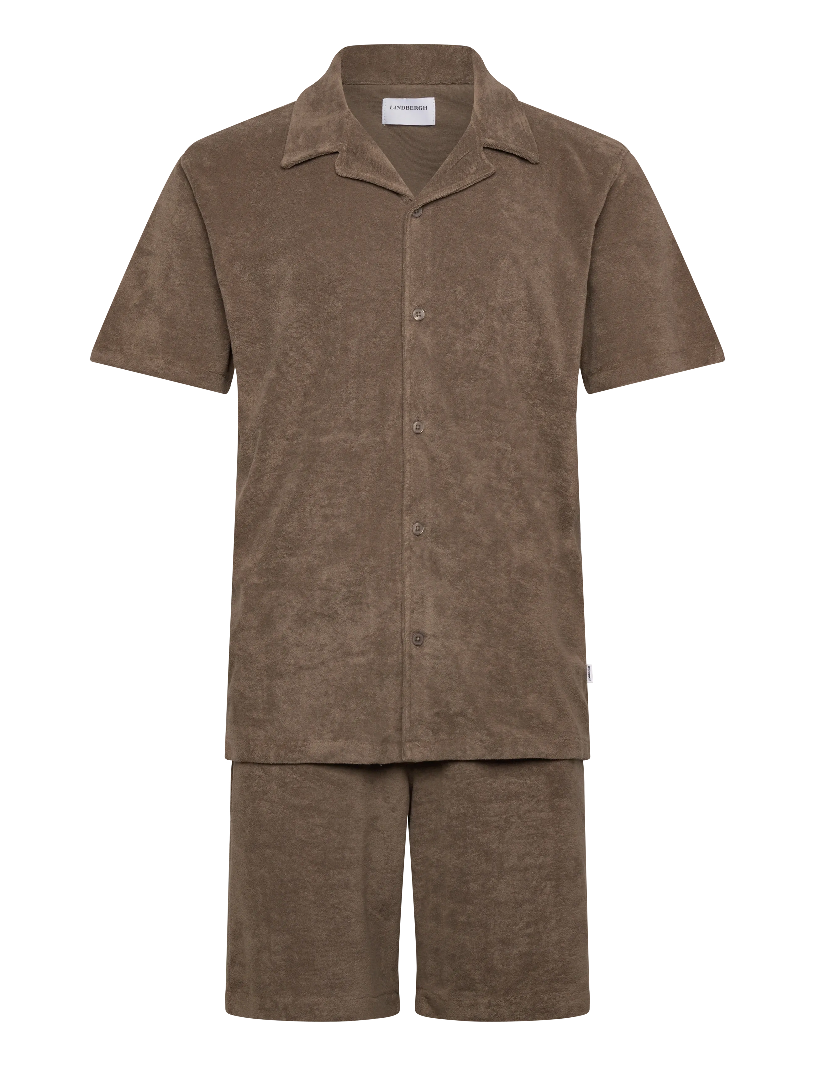 Lindbergh Relaxed fit towel shirt S/S set - Shorts - DK STONE / brown