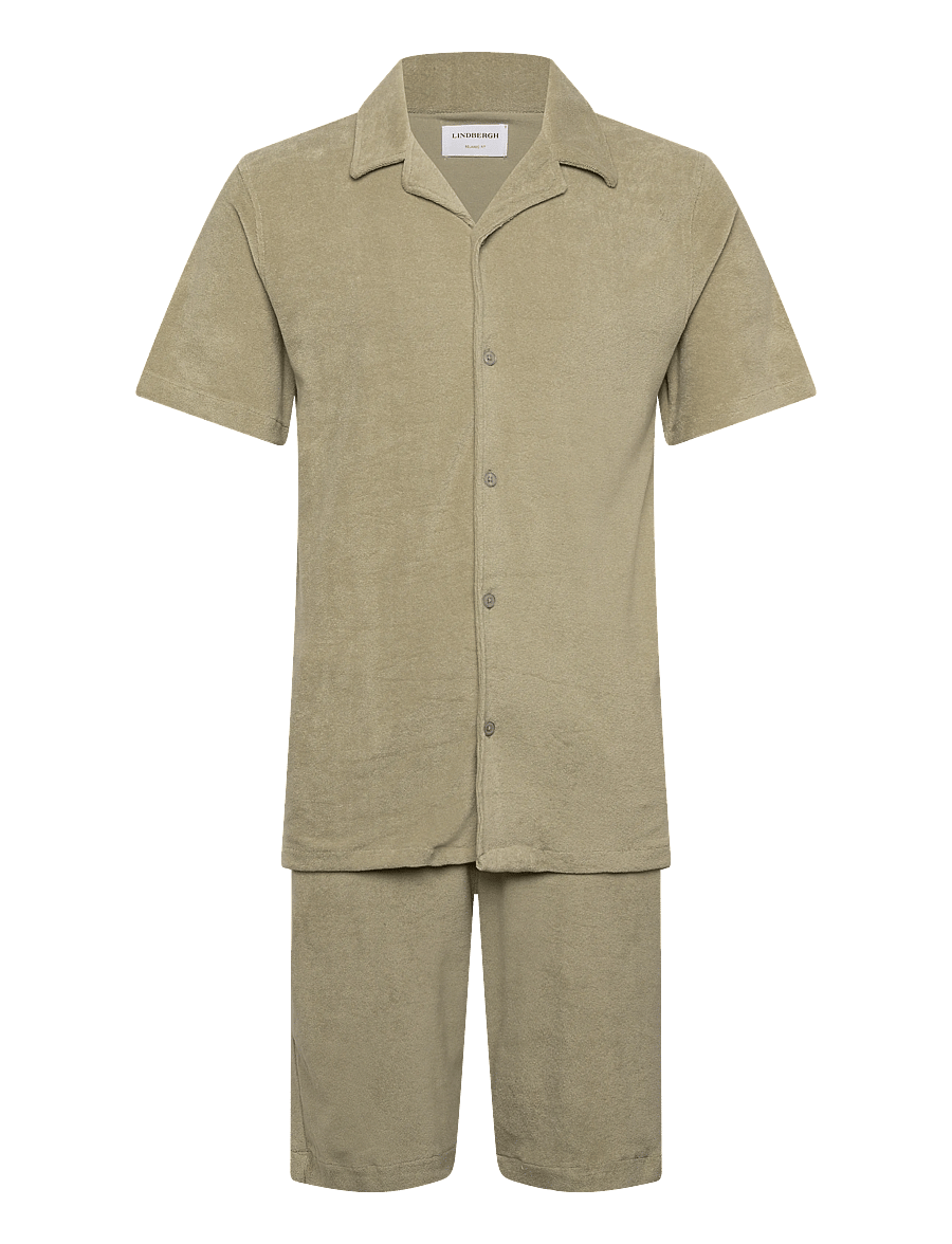 Lindbergh - Relaxed fit towel shirt S/S set - casual shorts - dusty olive - 0