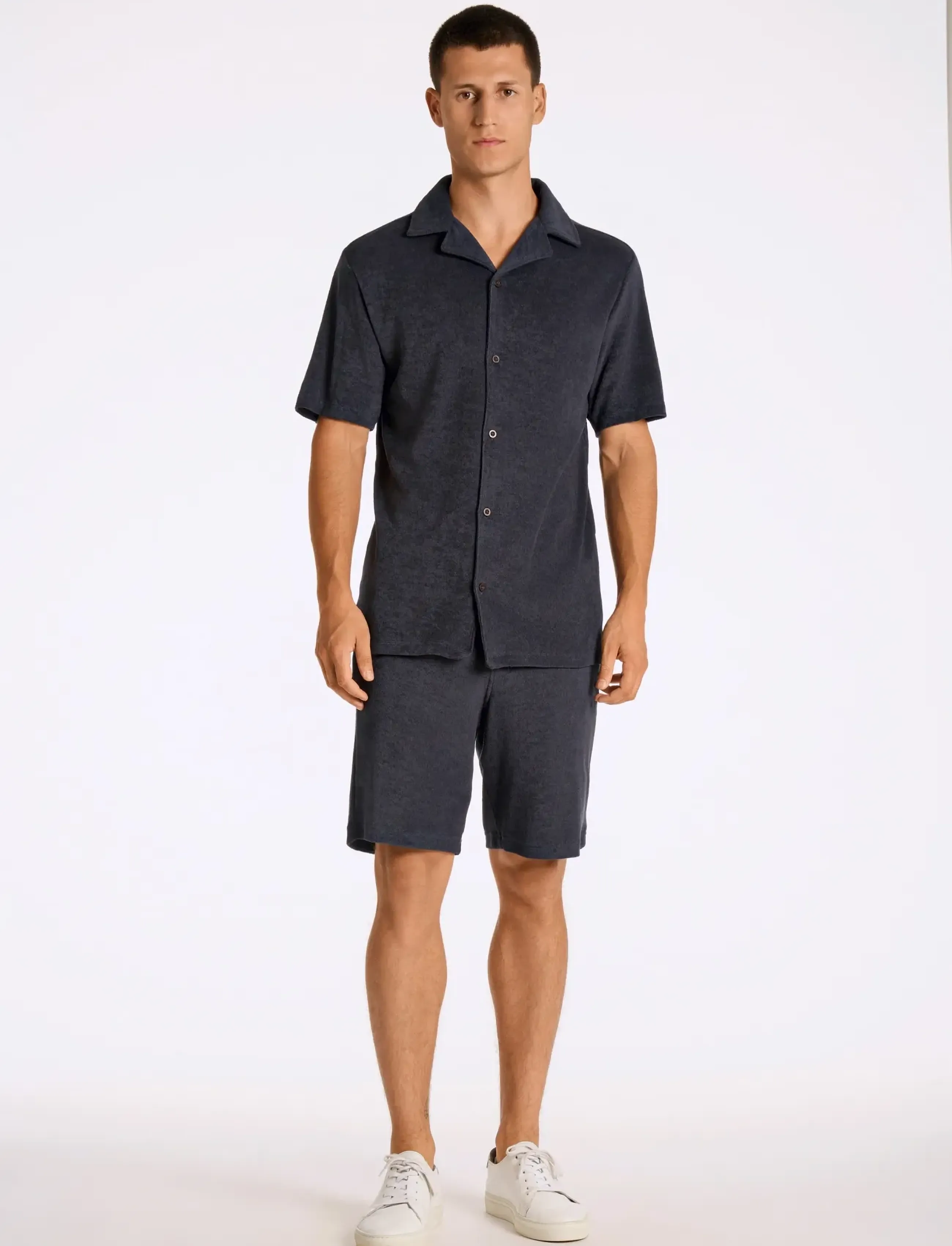 Lindbergh Relaxed Fit Towel Shirt S/S Set, Mænd, Frotté Skjorte og Shorts Sæt, Navy, Str: L