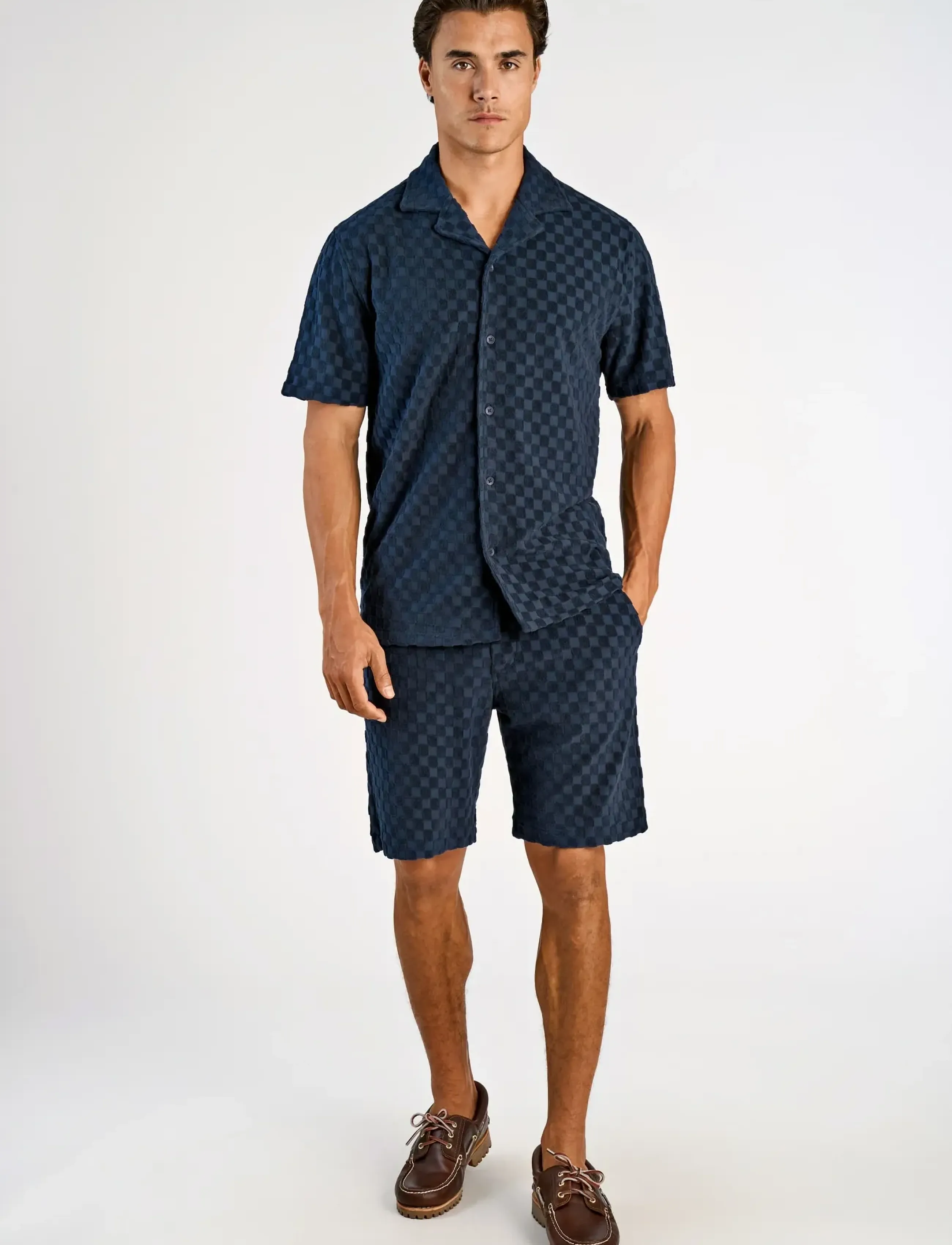 Lindbergh Jacquard checkered towel resort shi - Deals - NAVY / navy
