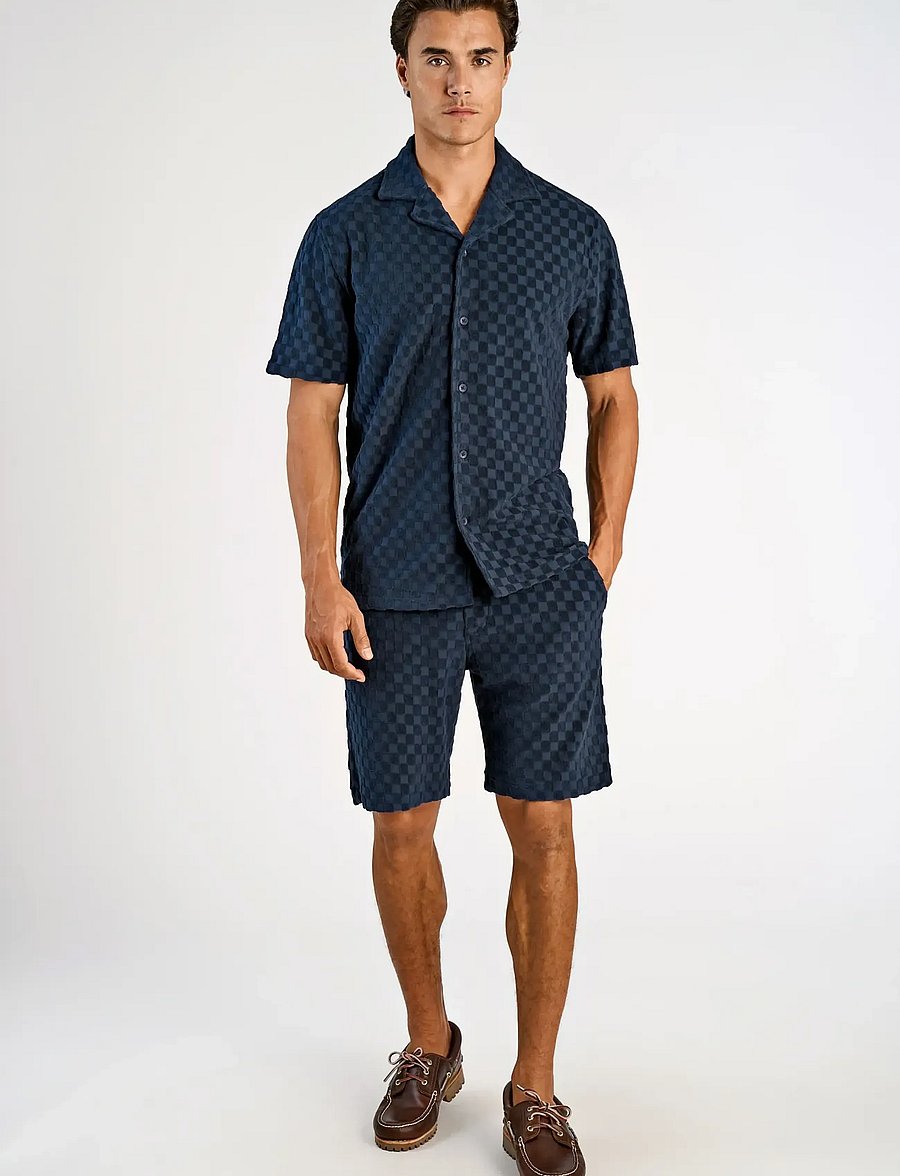 Lindbergh - Jacquard checkered towel resort shi - karierte hemden - navy - 0