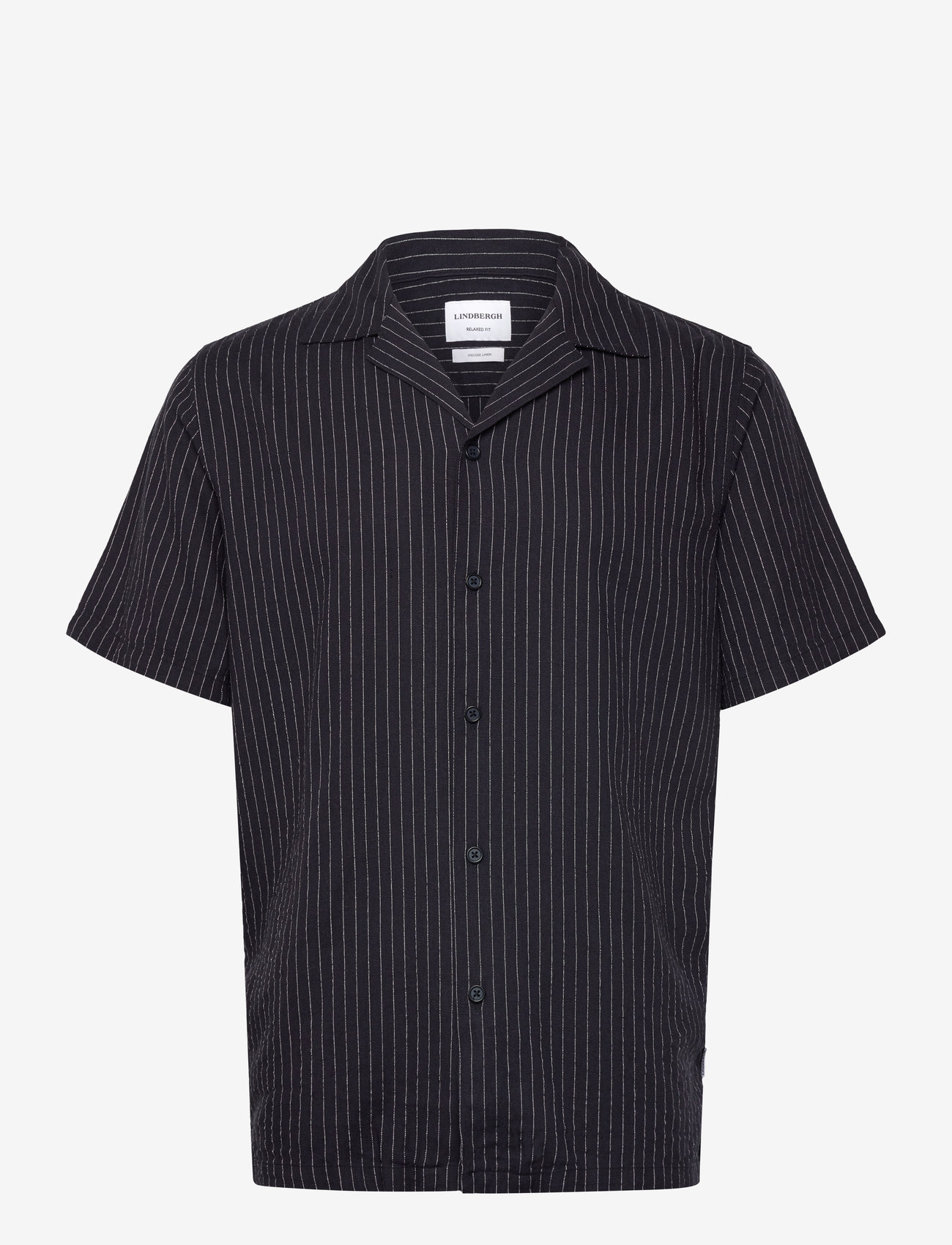 Lindbergh - Striped linen blend shirt S/S - linneskjortor - navy - 0