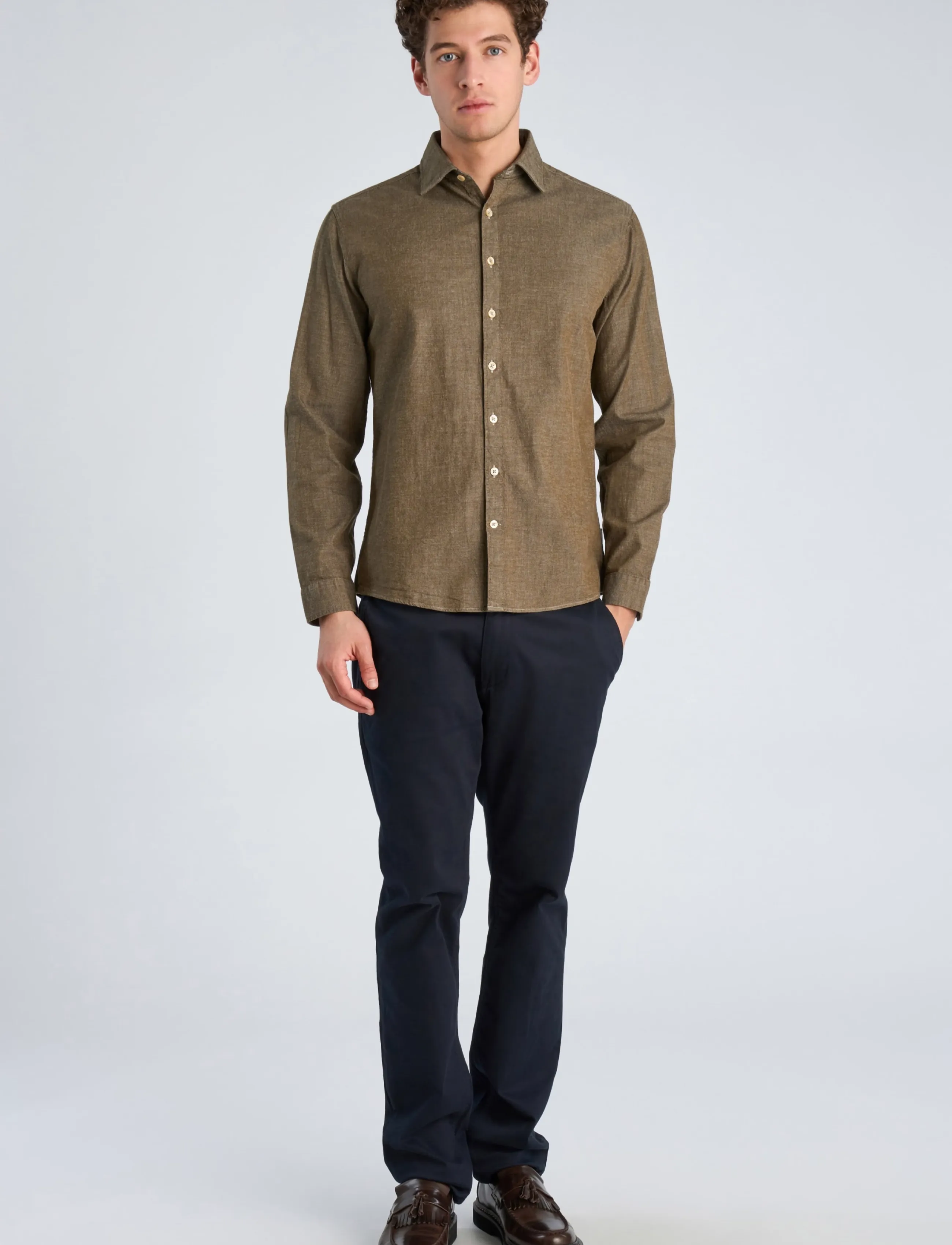 Lindbergh Soft indigo stretch shirt L/S - Lindbergh - DK OLIVE / khaki/green