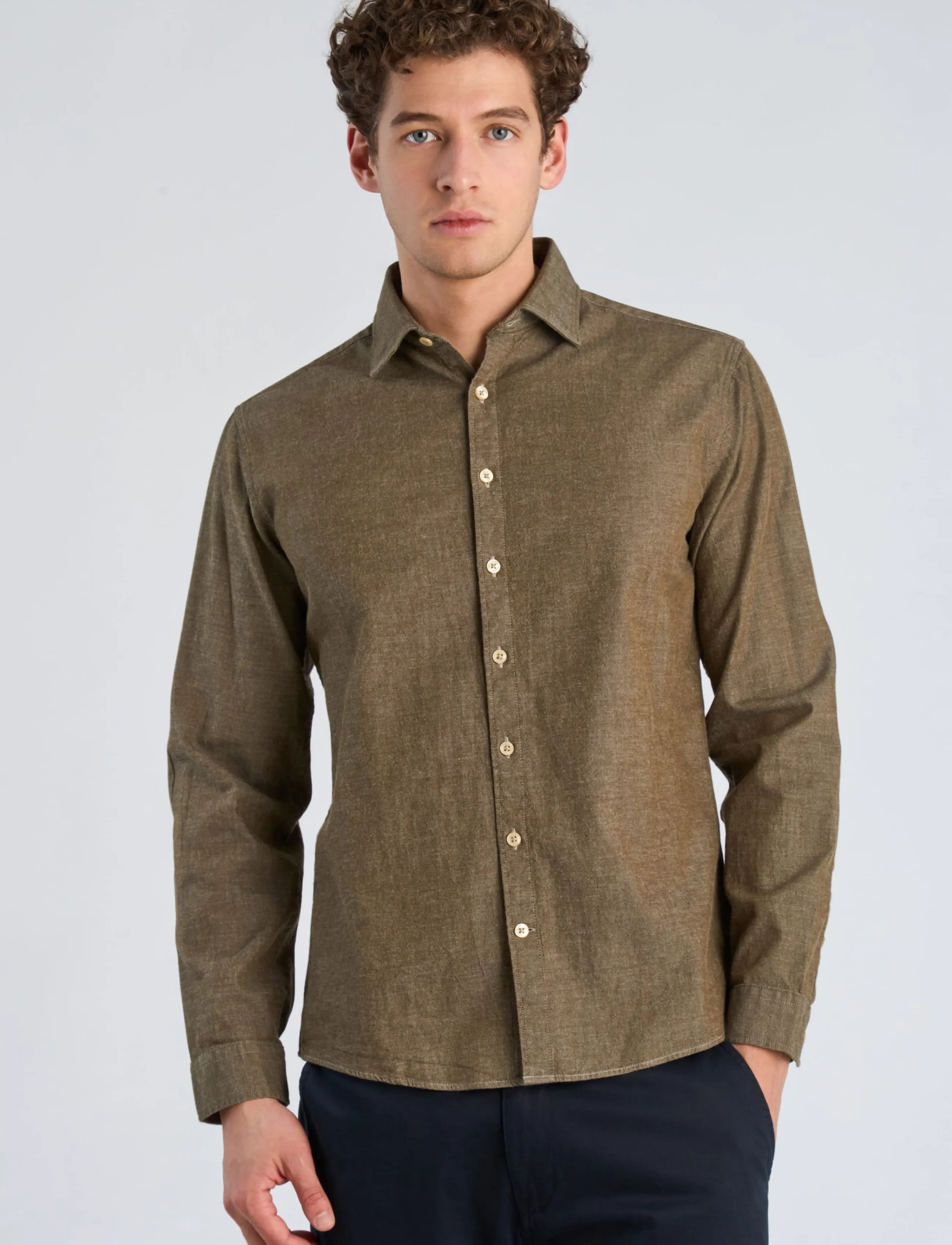 Lindbergh - Soft indigo stretch shirt L/S - casual skjortor - dk olive - 3