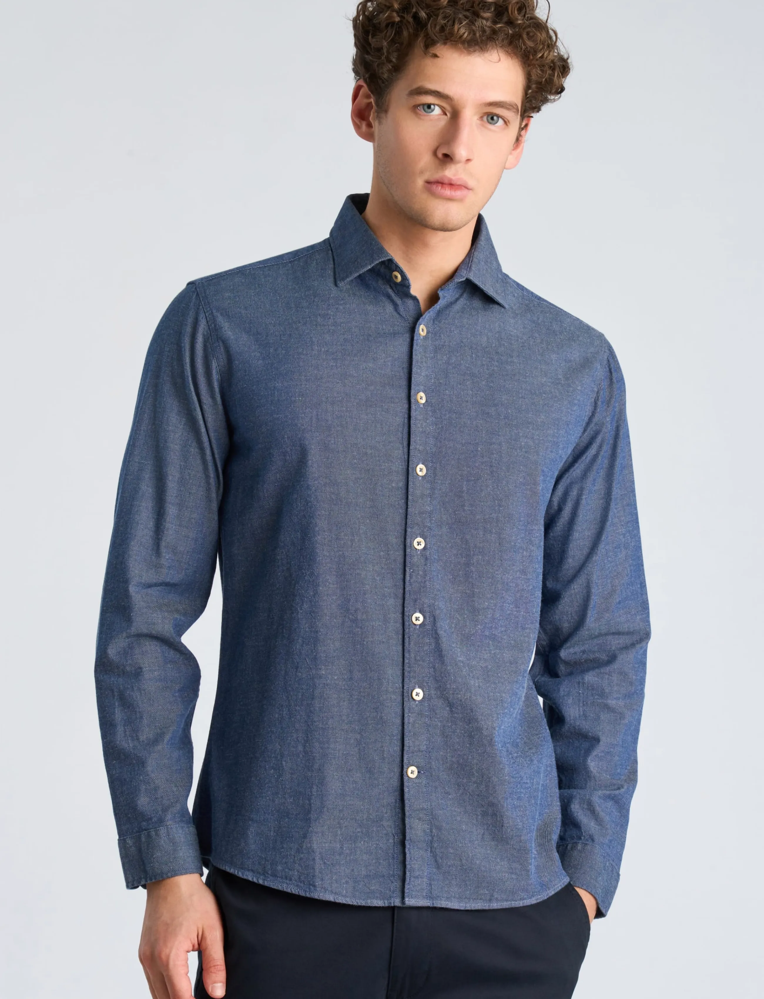 Lindbergh - Soft indigo stretch shirt L/S - casual skjortor - mid blue - 3
