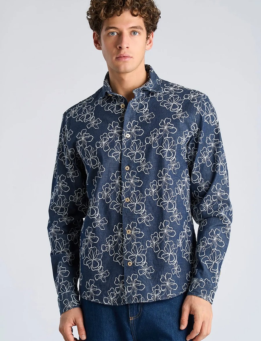 Lindbergh - Washed denim shirt w?. embroidery L - gemusterte hemden - dk blue - 3