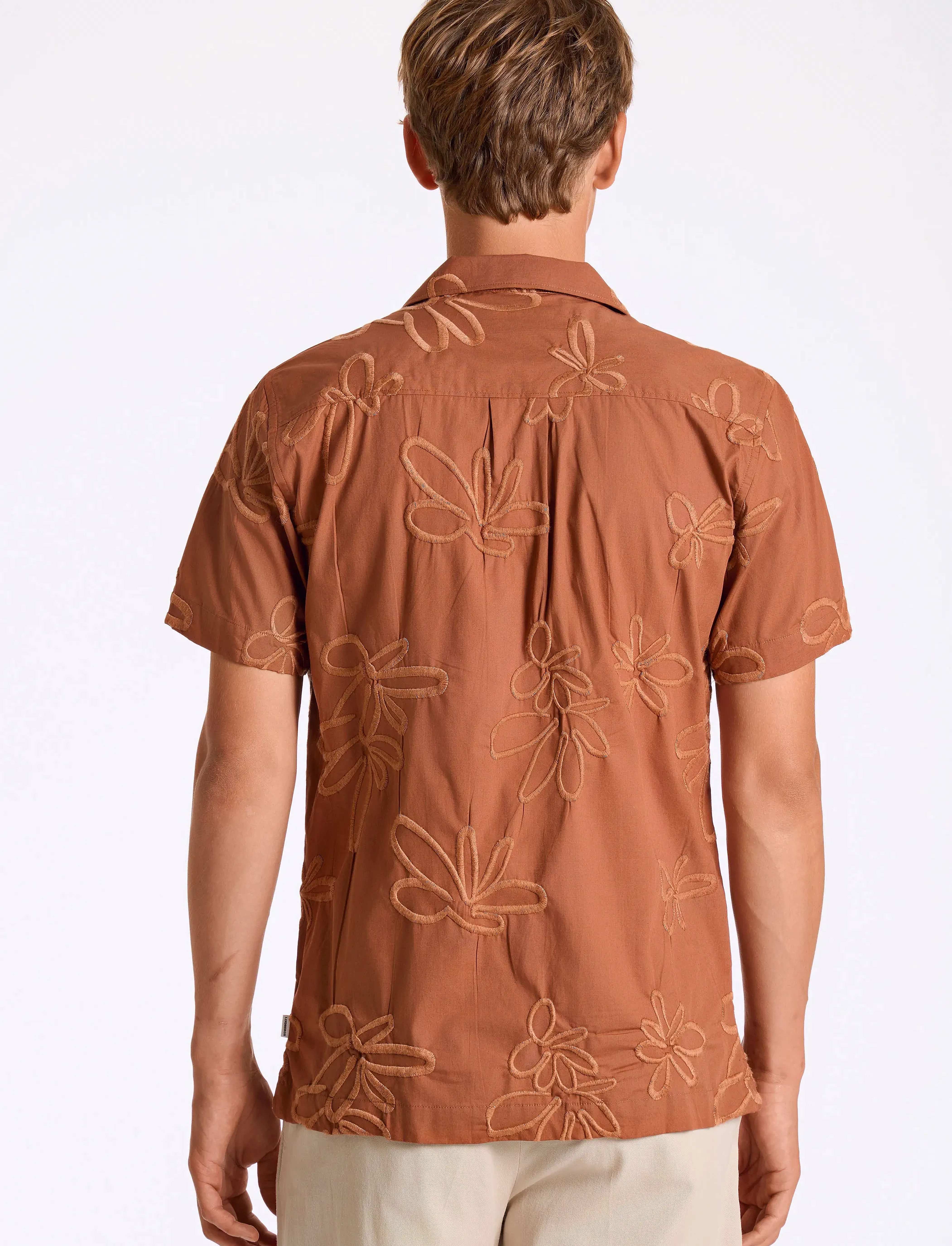 Lindbergh - Embroidered cotton shirt S/S - kurzarmhemden - clay - 3