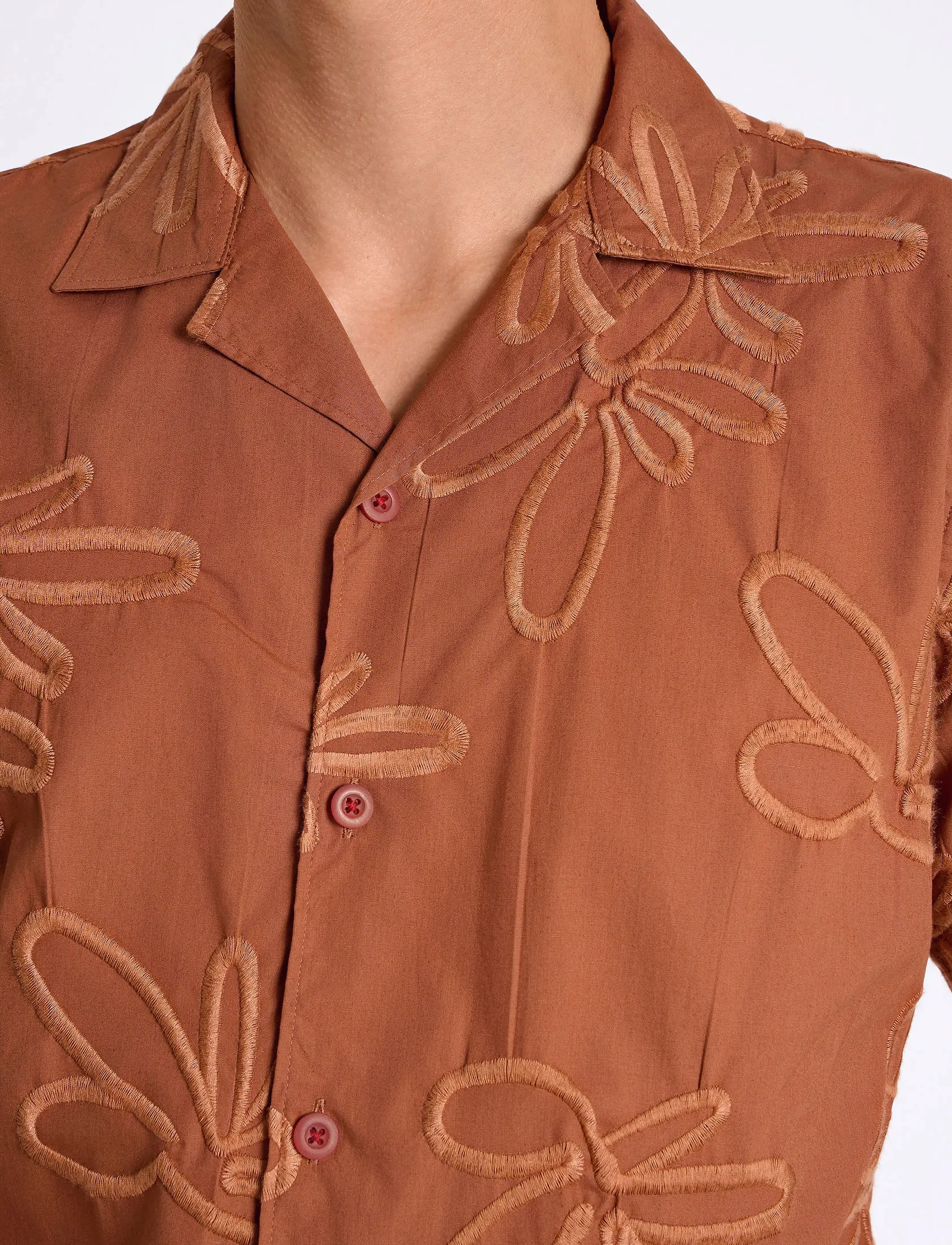 Lindbergh - Embroidered cotton shirt S/S - kurzarmhemden - clay - 5