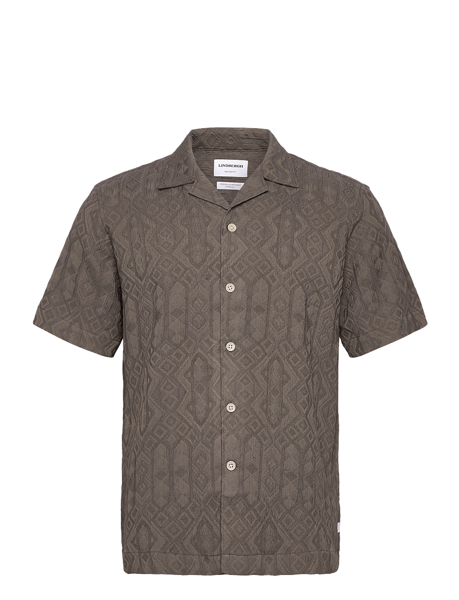 Lindbergh - Textured shirt S/S - short-sleeved shirts - dk khaki - 1