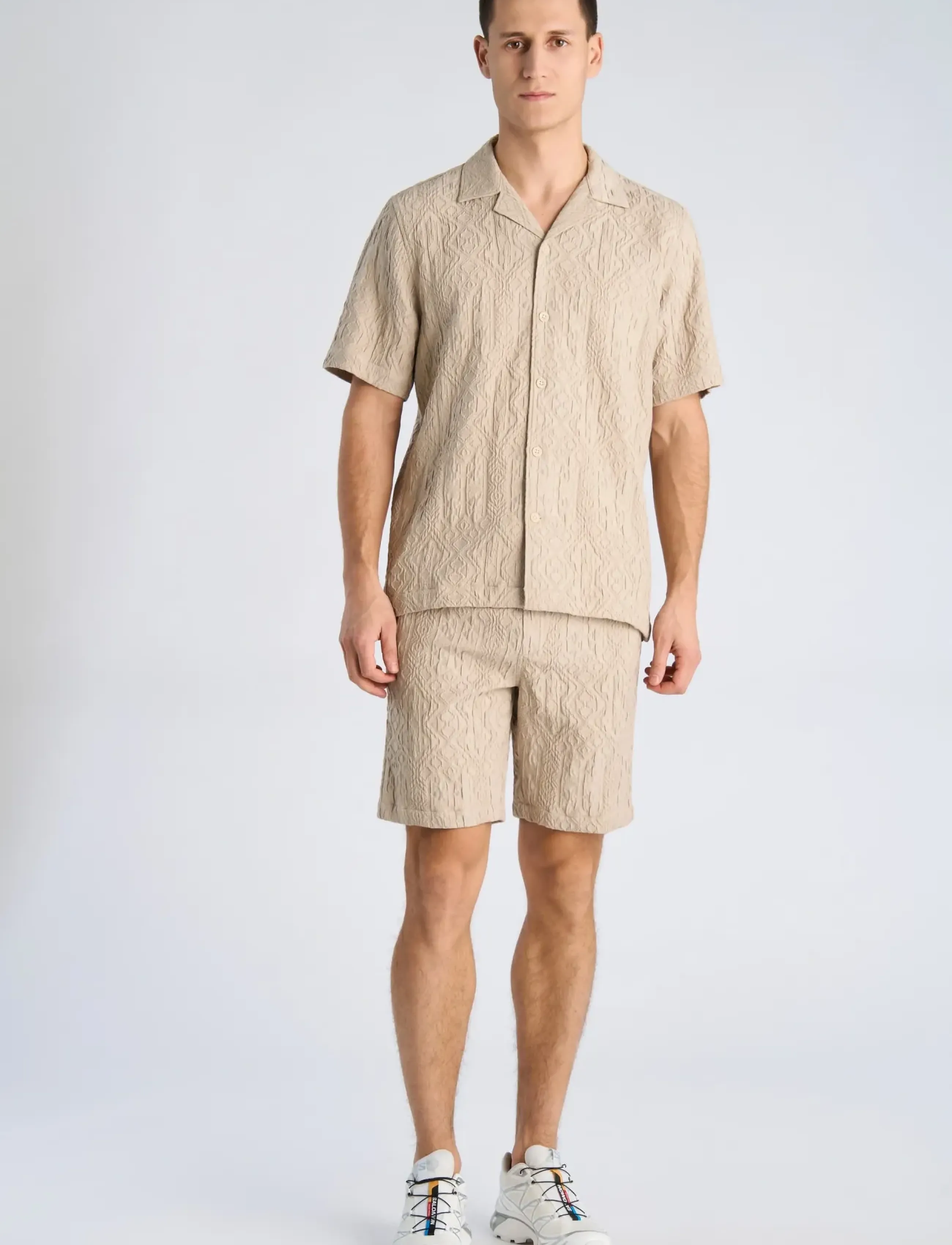 Lindbergh Textured Shirt S/S, XL, Shirts, Beige - Short-sleeved Männerswear