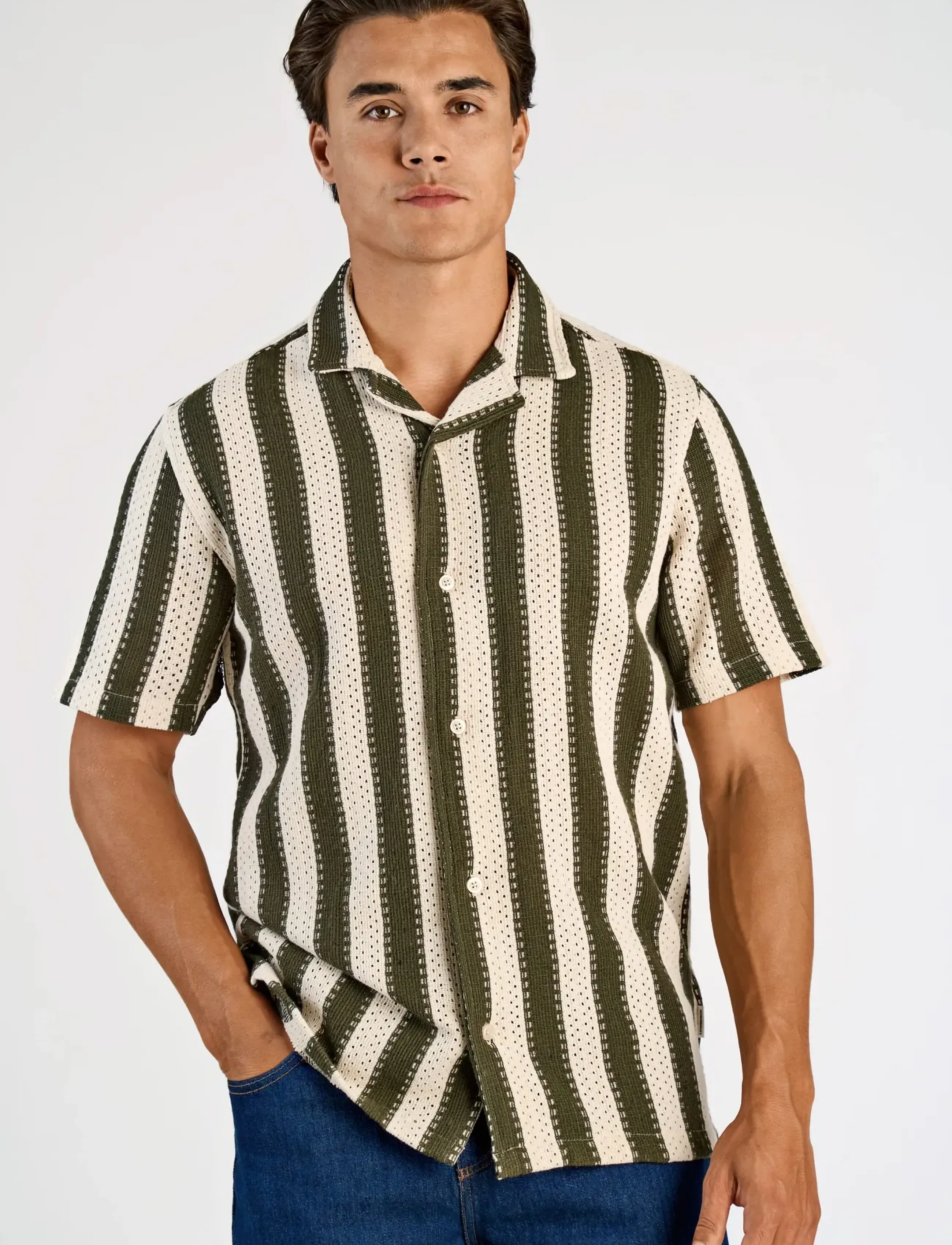 Lindbergh - Bold striped resort shirt S/S - triibulised särgid - dk khaki - 3