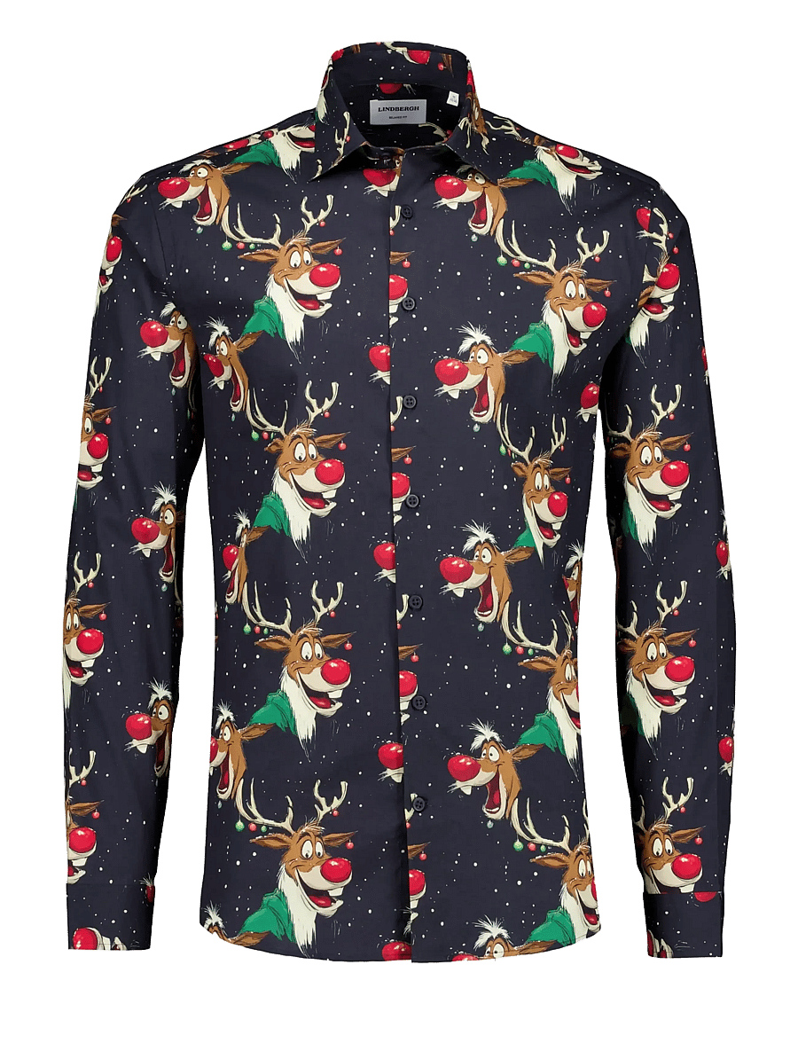 Lindbergh - AOP Christmas shirt L/S - mønstrede skjorter - dk blue - 1