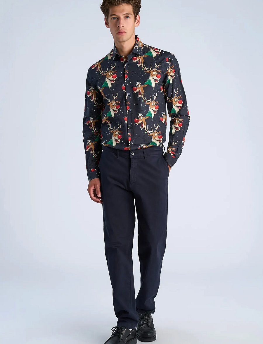 Lindbergh - AOP Christmas shirt L/S - mønstrede skjorter - dk blue - 0