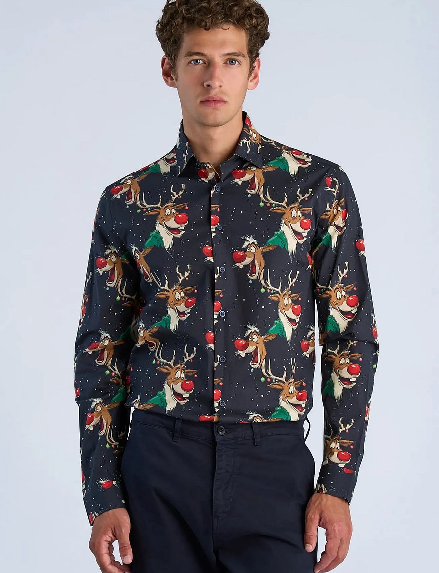 Lindbergh - AOP Christmas shirt L/S - mønstrede skjorter - dk blue - 3