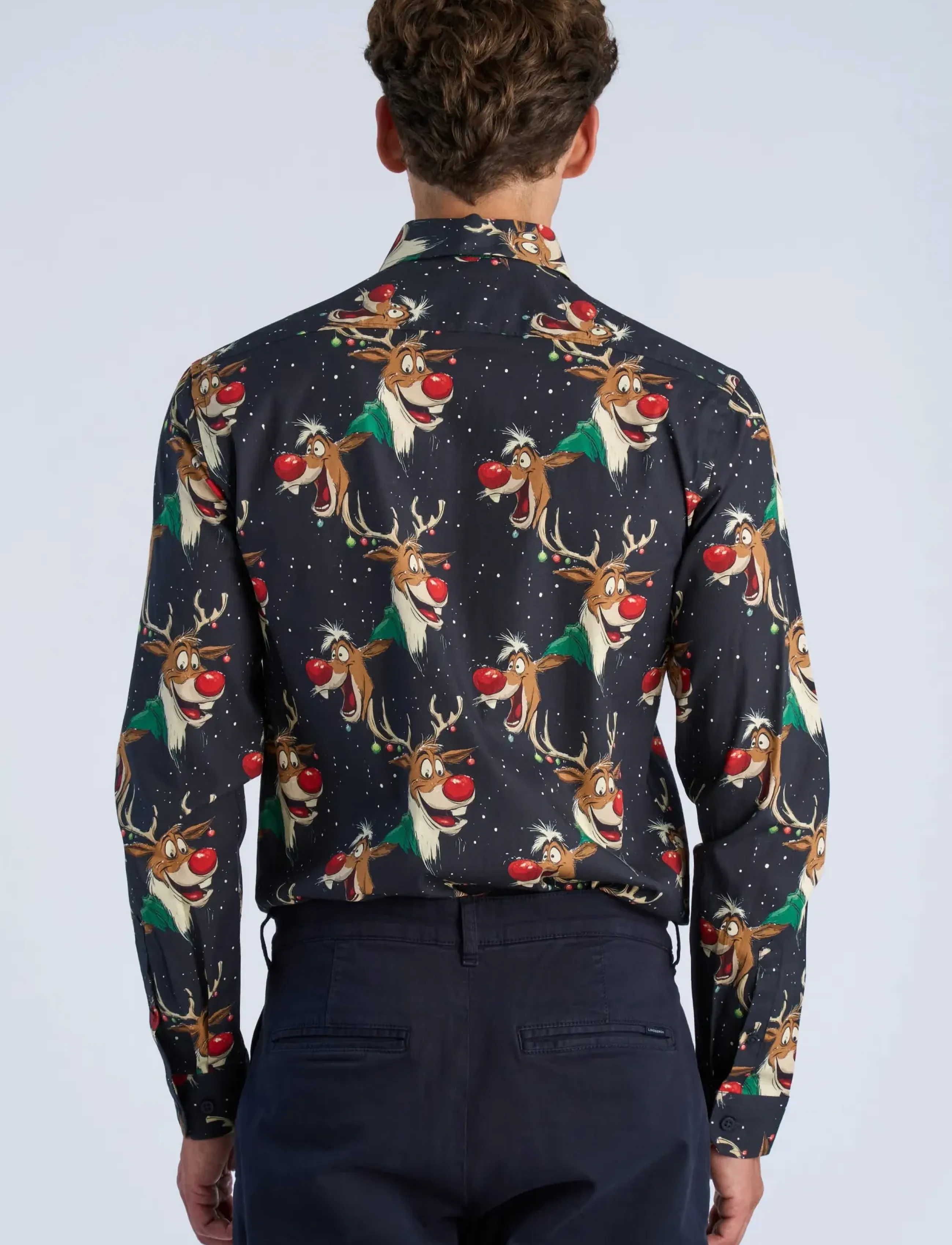 Lindbergh - AOP Christmas shirt L/S - mønstrede skjorter - dk blue - 4