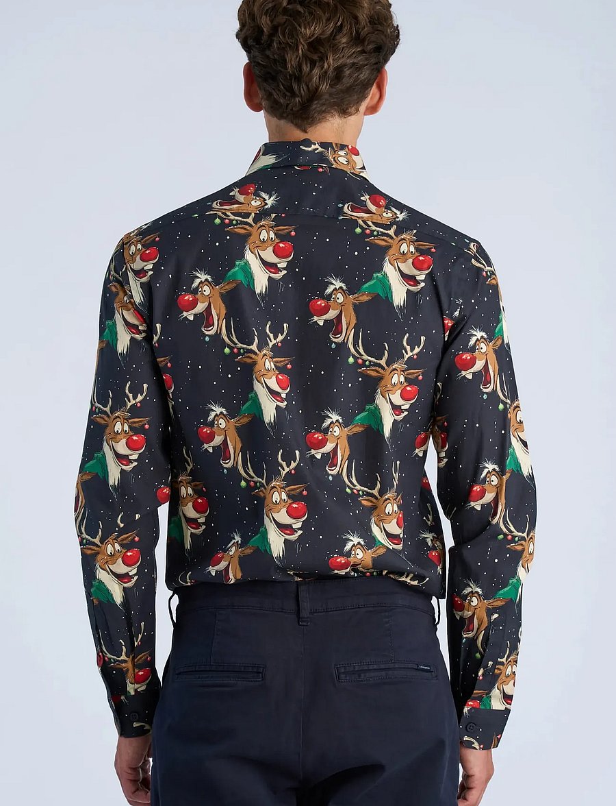 Lindbergh - AOP Christmas shirt L/S - mønstrede skjorter - dk blue - 4