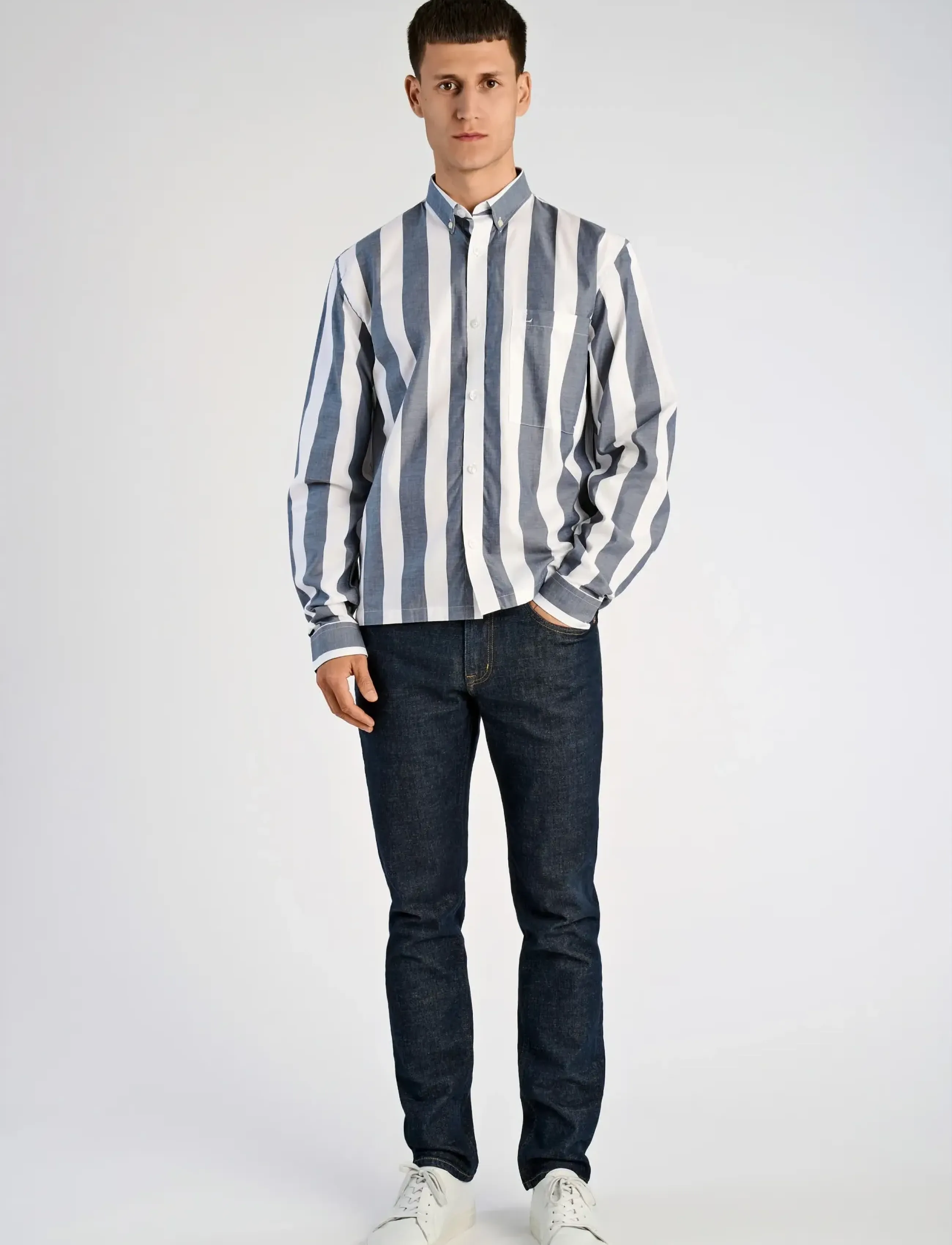 Lindbergh Bold striped cropped shirt L/S - Lindbergh - DK BLUE / grey