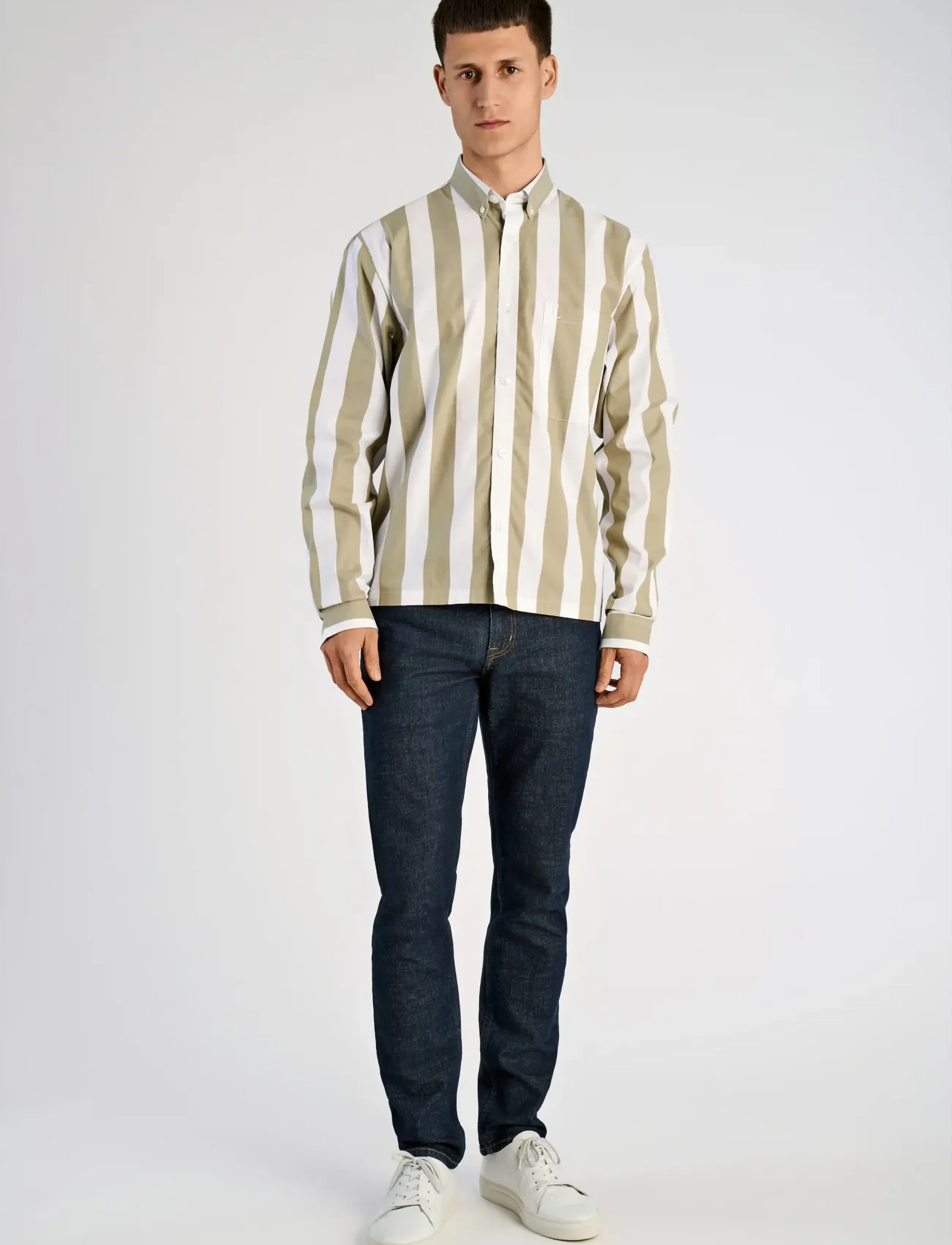 Lindbergh Bold Striped Cropped Shirt L/S, S, Beige, Skjorter > Afslappet Shirts, Herre