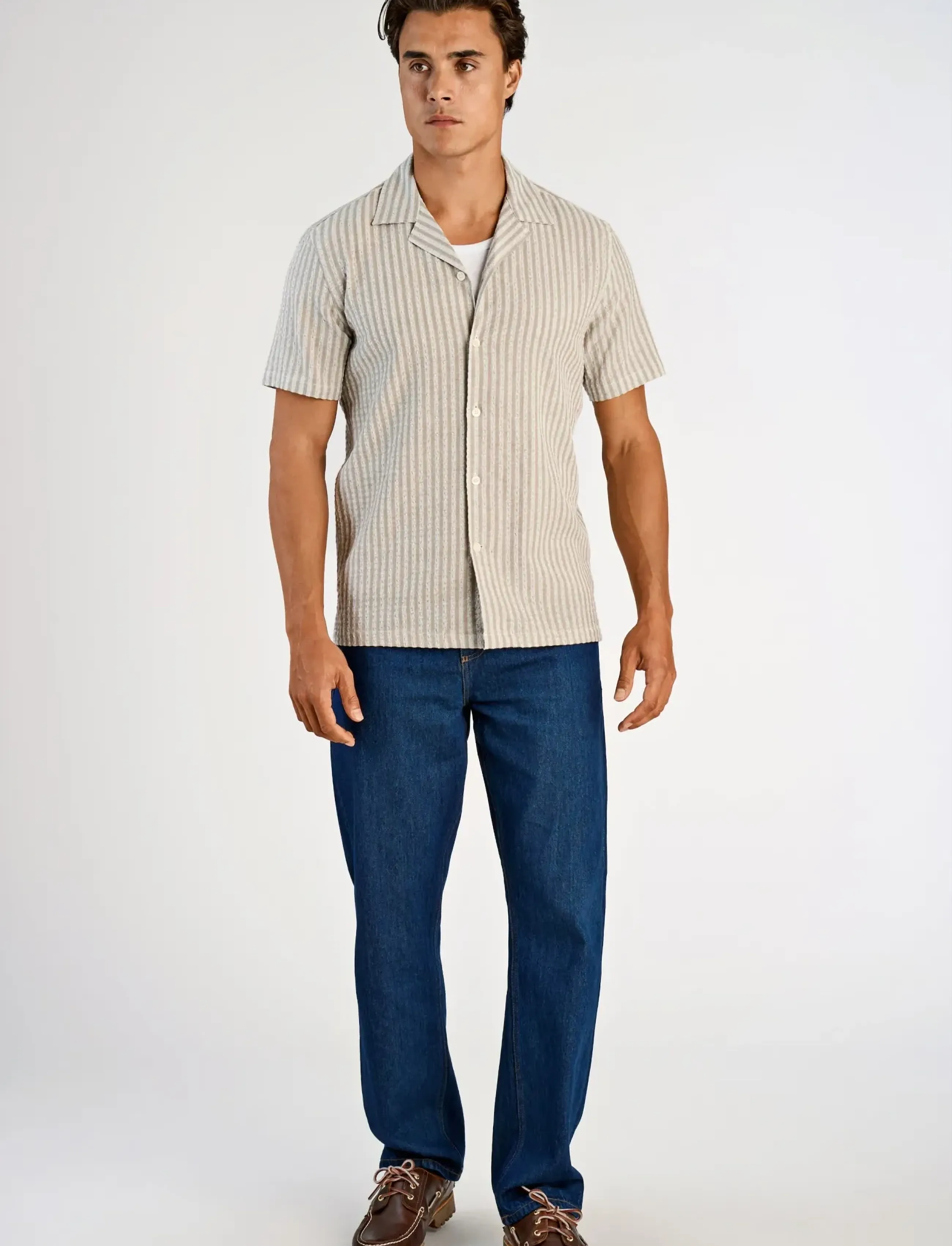 Lindbergh Cotton Structure Shirt S/S, Mænd, Struktureret Kortærmet Camp Krave Skjorte, Grøn, Str: L