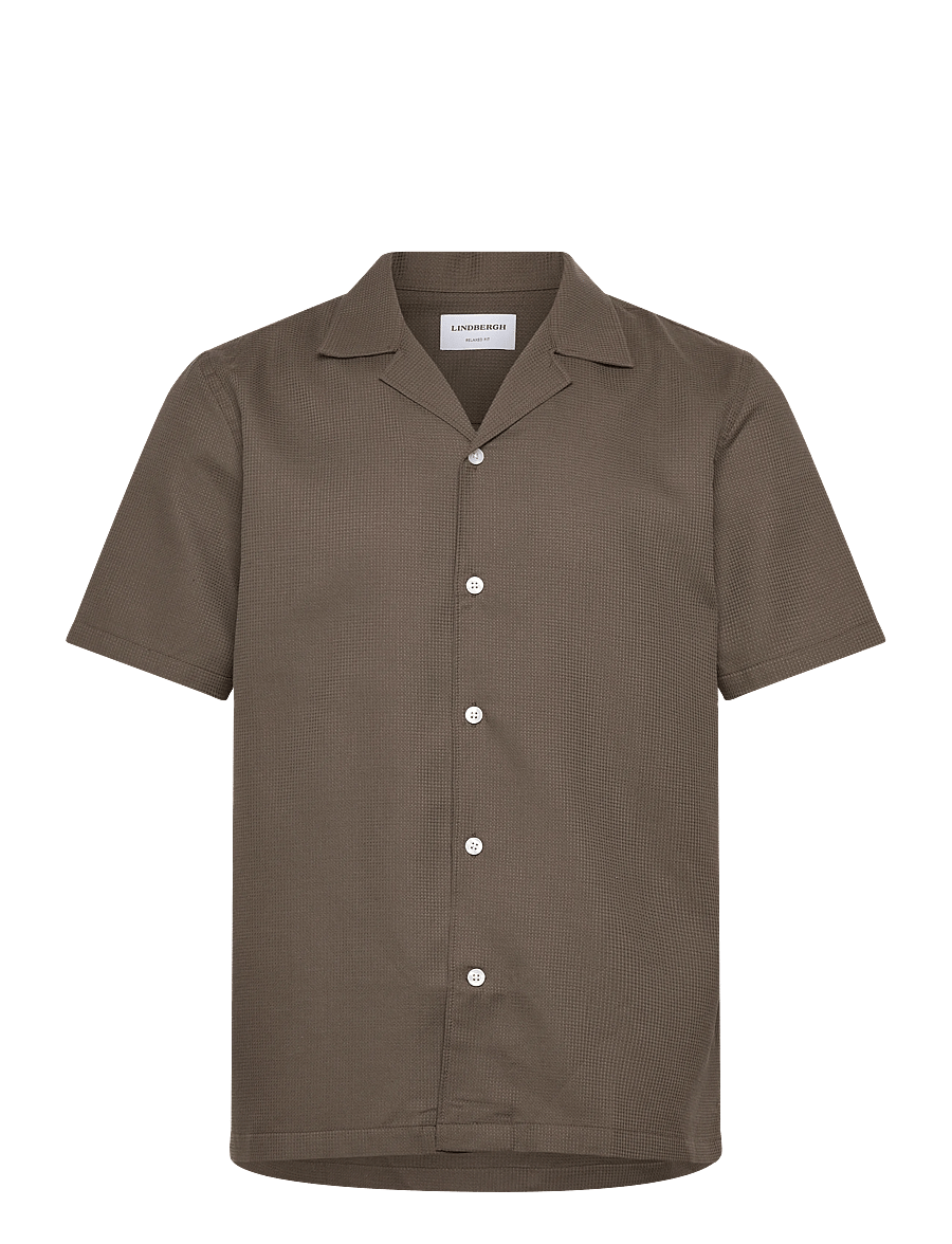 Lindbergh - Solid dobby cotton shirt S/S - kortærmede skjorter - faded brown - 1