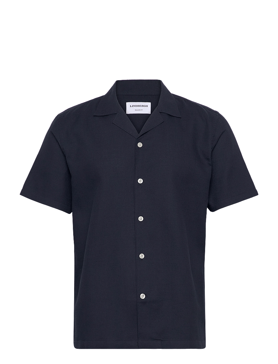 Lindbergh - Solid dobby cotton shirt S/S - kortärmade skjortor - navy - 1