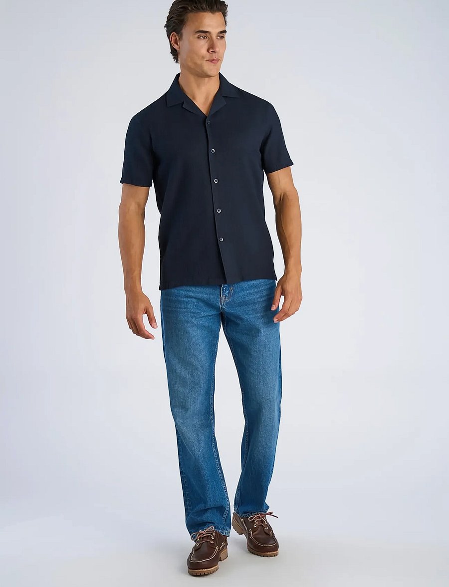 Lindbergh - Solid dobby cotton shirt S/S - kortärmade skjortor - navy - 0