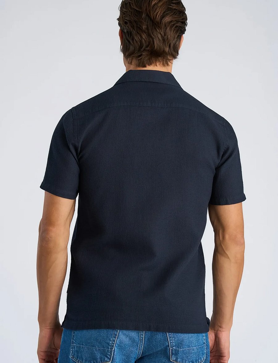 Lindbergh - Solid dobby cotton shirt S/S - kortärmade skjortor - navy - 4