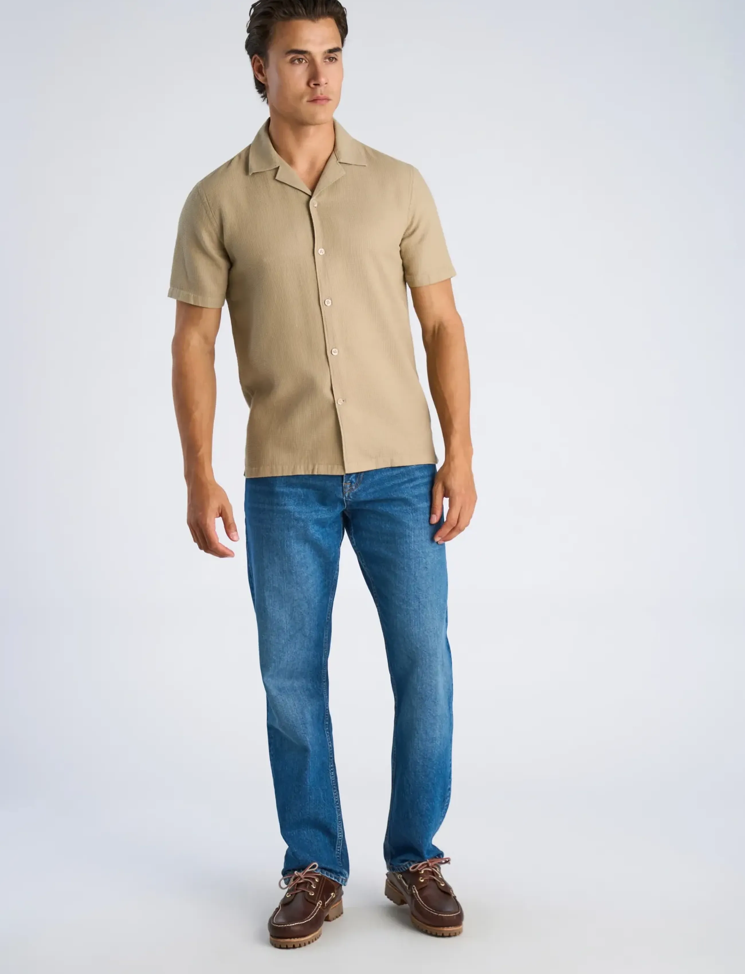Lindbergh Solid Dobby Cotton Shirt S/S, Mænd, Kortærmet Reverskrave Skjorte, Beige, Str: L