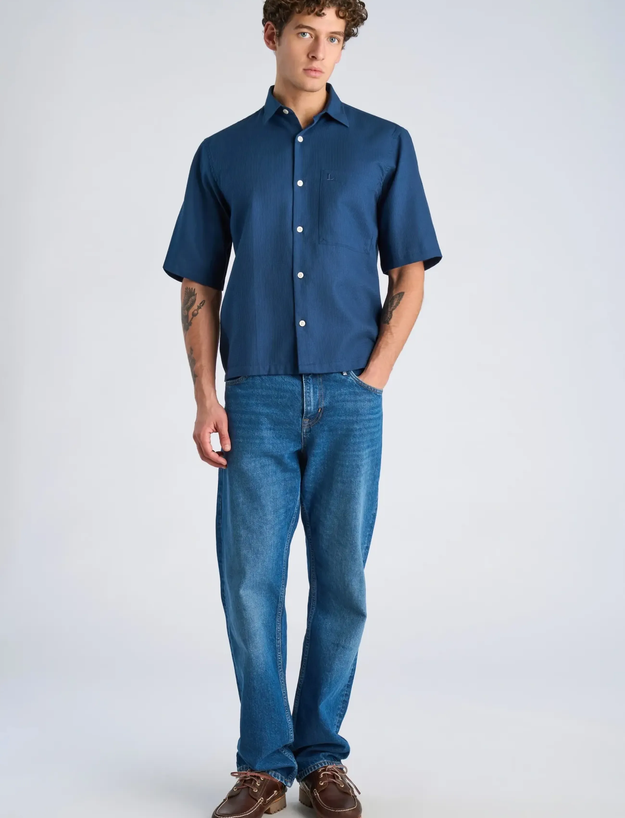 Lindbergh Solid dobby cotton shirt S/S - Casual Hemden - FADED BLUE / blue