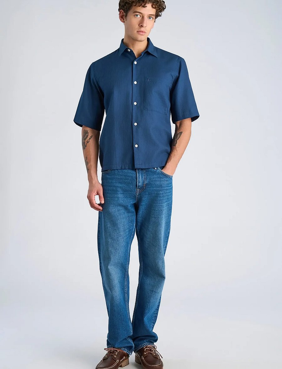 Lindbergh - Solid dobby cotton shirt S/S - kortärmade skjortor - faded blue - 0