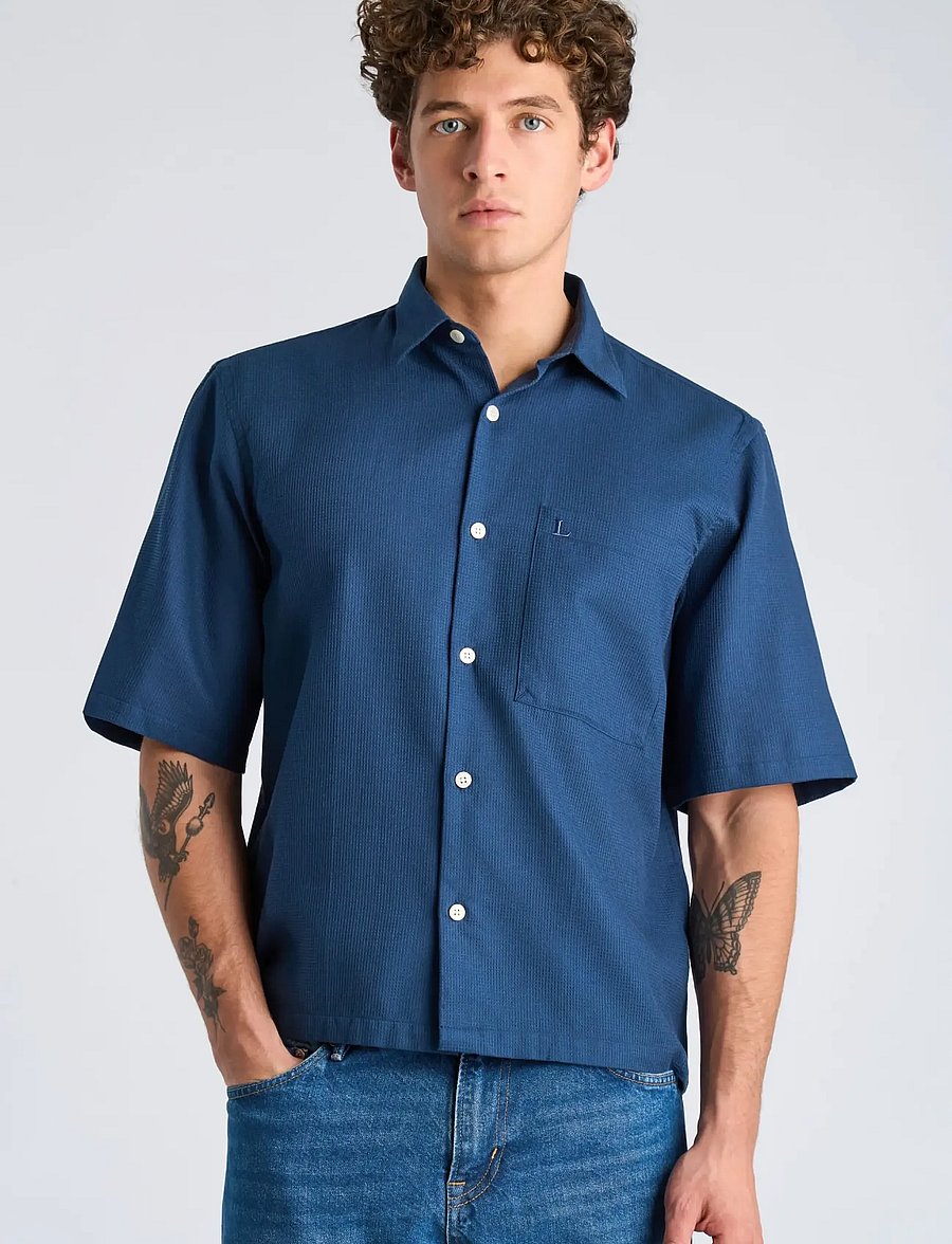 Lindbergh - Solid dobby cotton shirt S/S - kortärmade skjortor - faded blue - 3