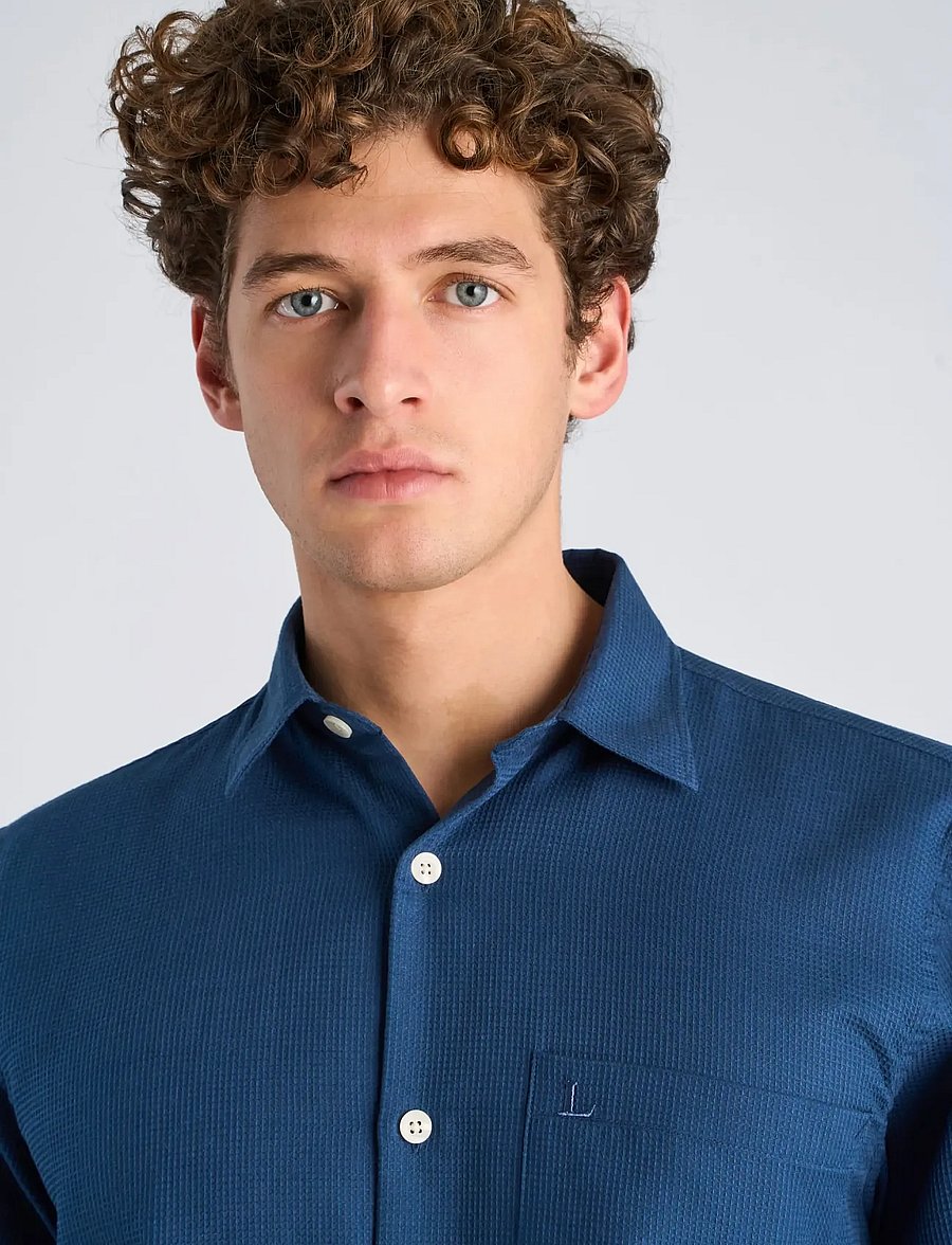 Lindbergh - Solid dobby cotton shirt S/S - kortärmade skjortor - faded blue - 5