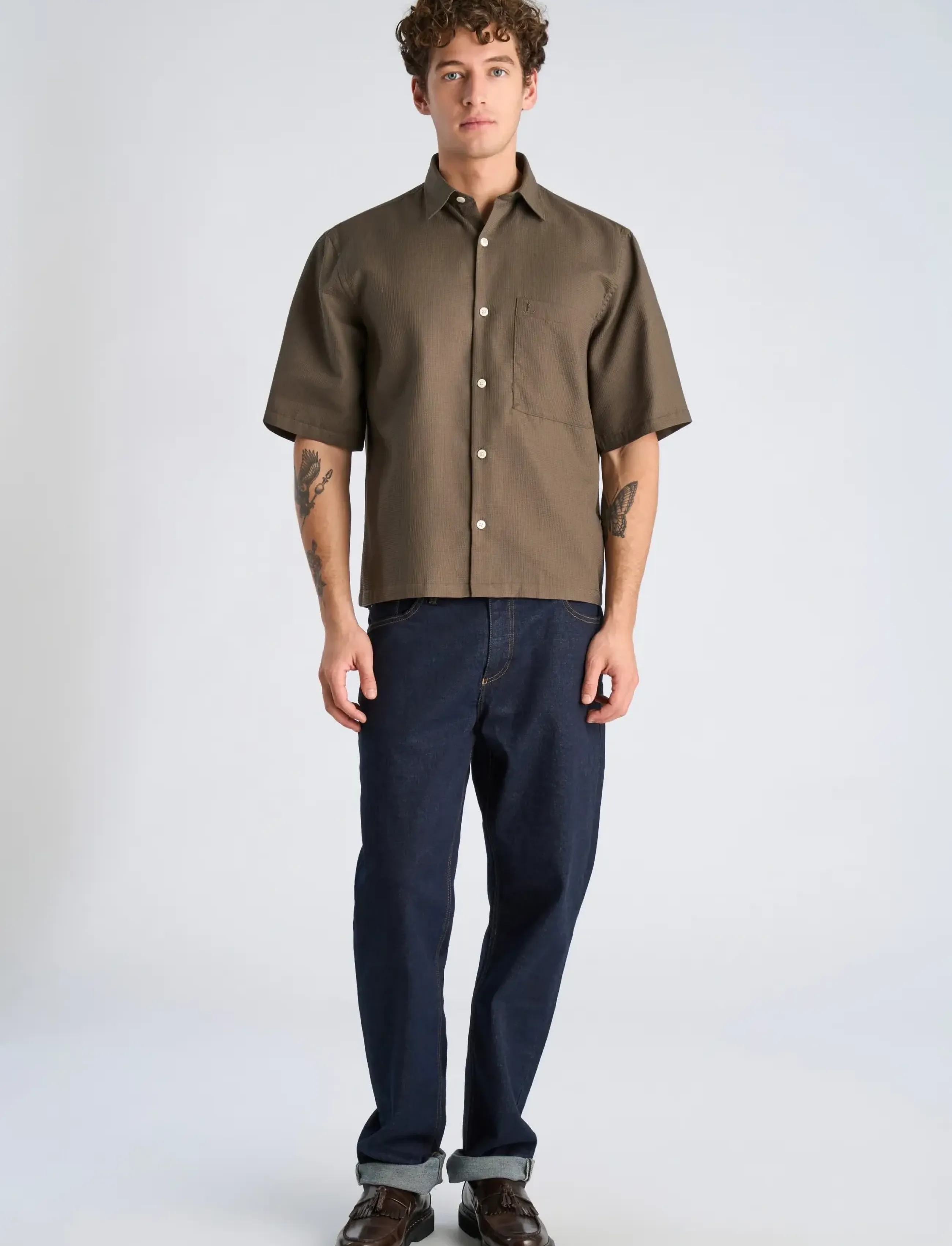 Lindbergh Solid dobby cotton shirt S/S - Lindbergh - FADED BROWN / brown