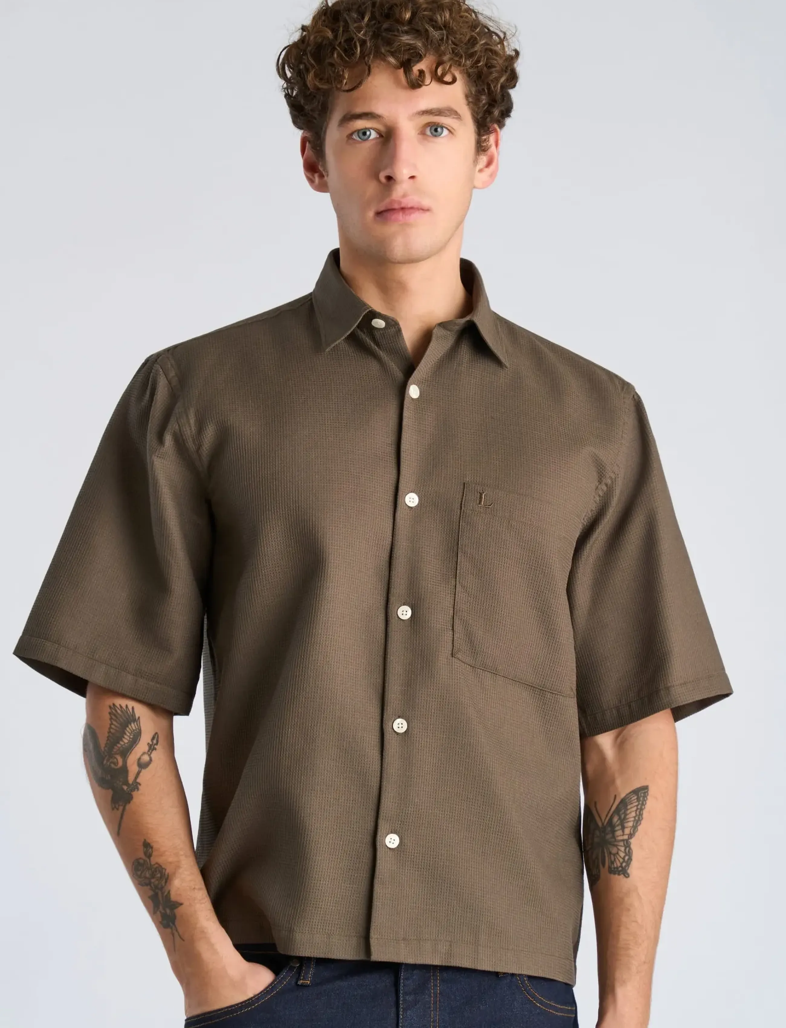 Lindbergh - Solid dobby cotton shirt S/S - kortärmade skjortor - faded brown - 3