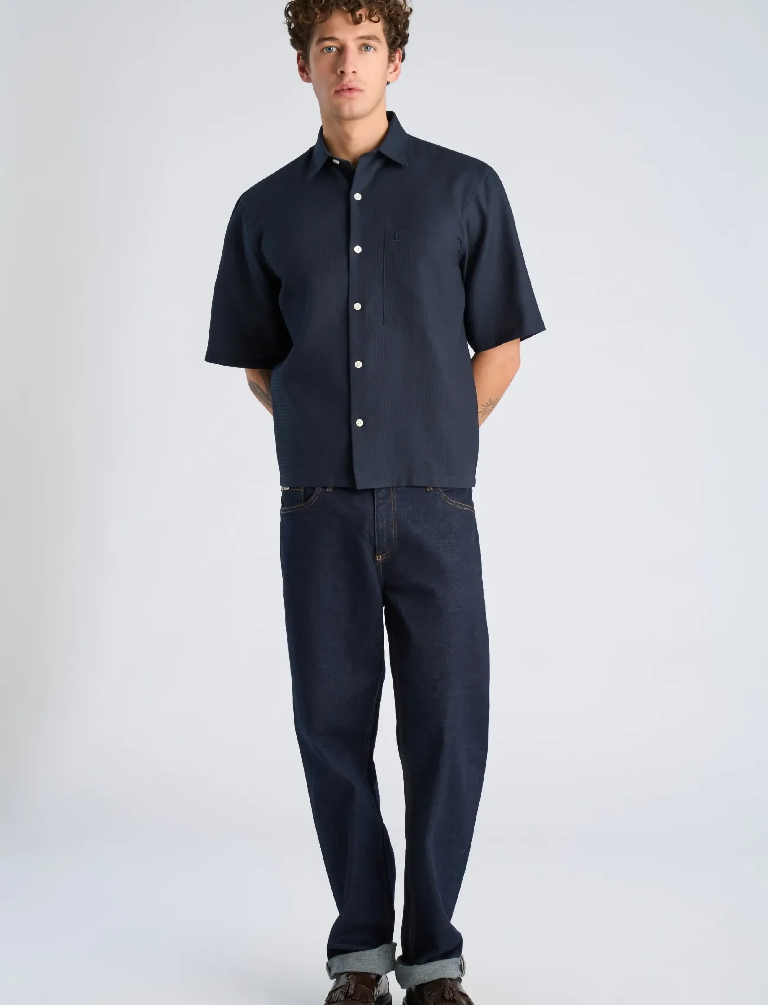 Lindbergh Solid dobby cotton shirt S/S - Lindbergh - NAVY / navy