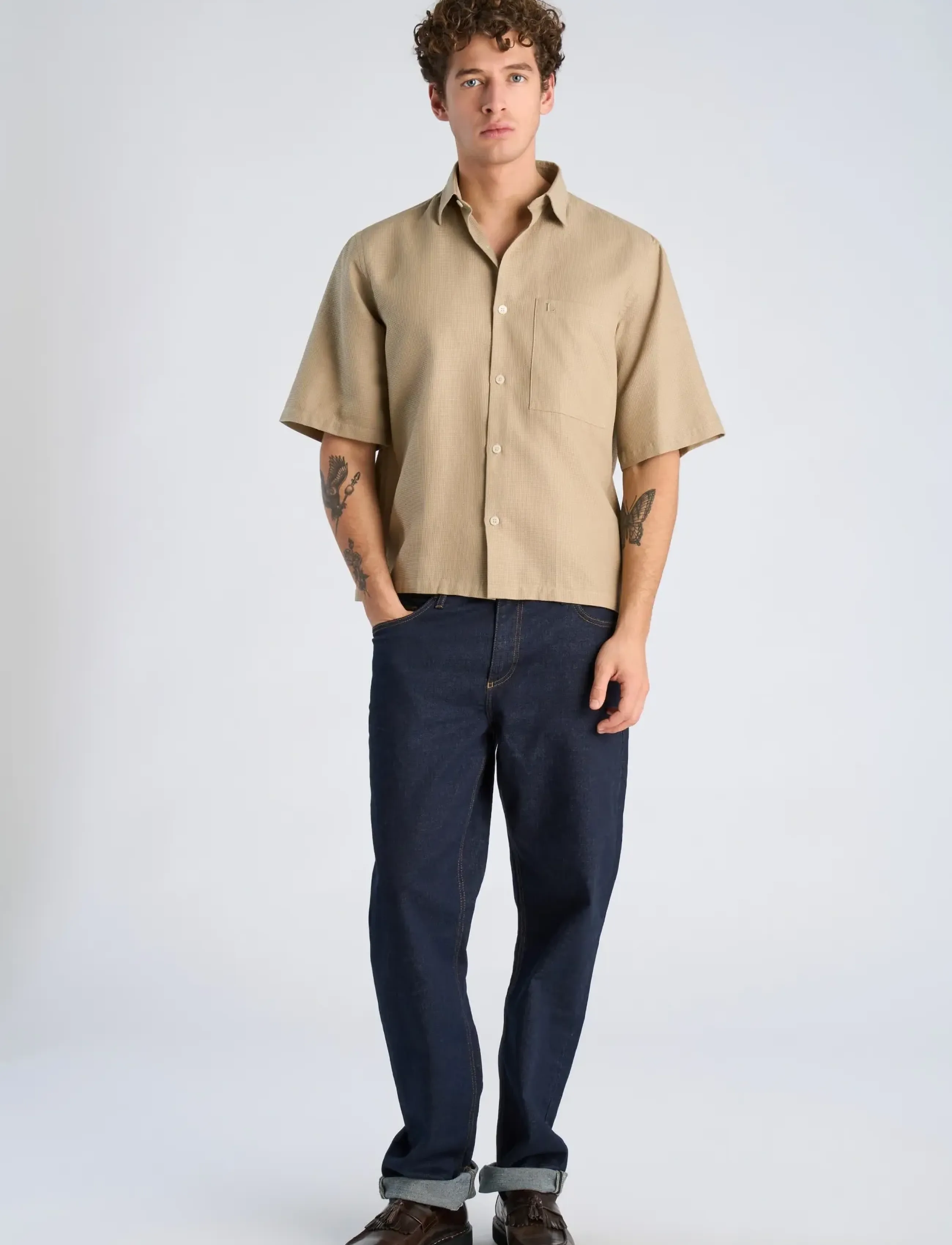 Lindbergh Solid dobby cotton shirt S/S - Lindbergh - SAND / beige