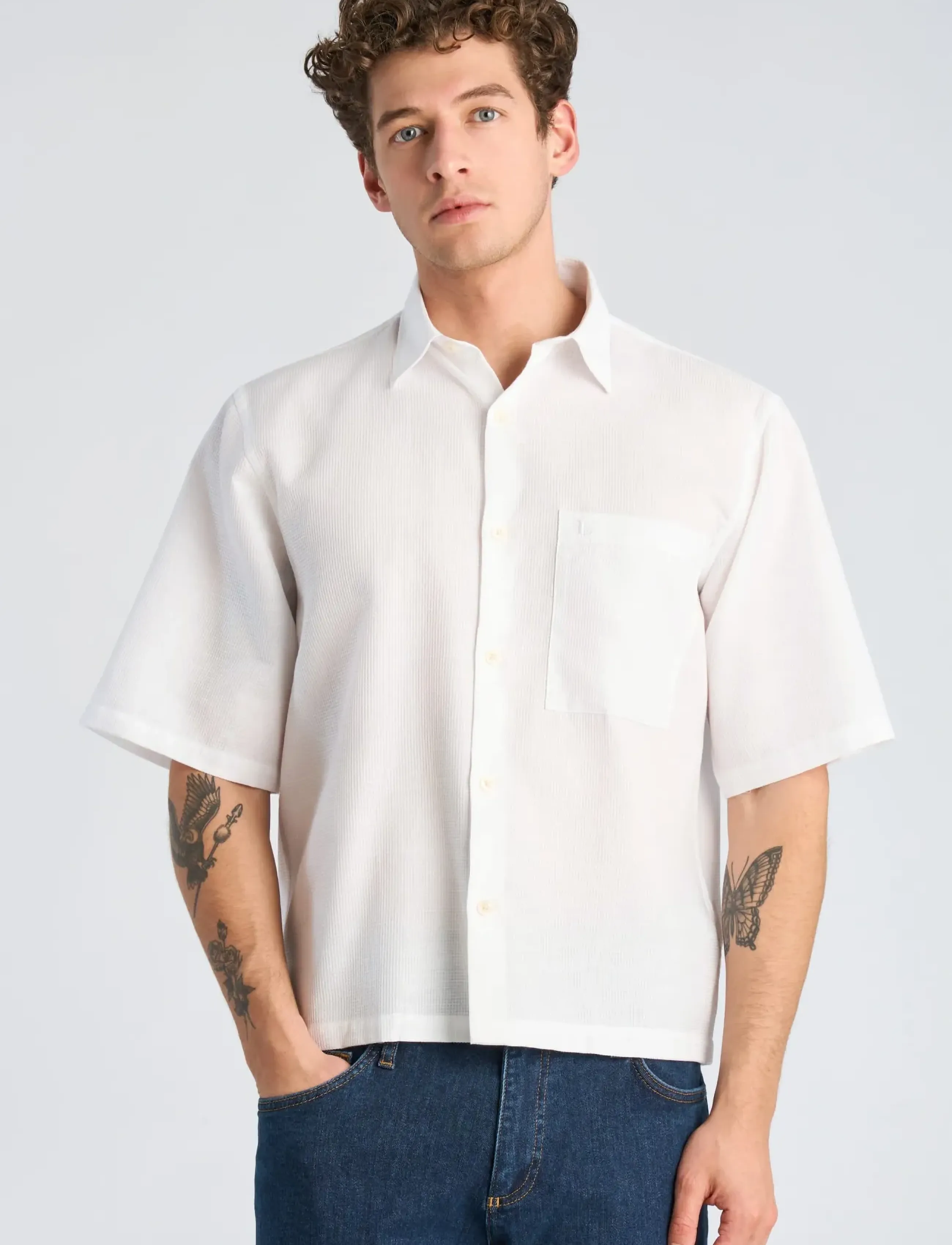 Lindbergh - Solid dobby cotton shirt S/S - kurzarmhemden - white - 3